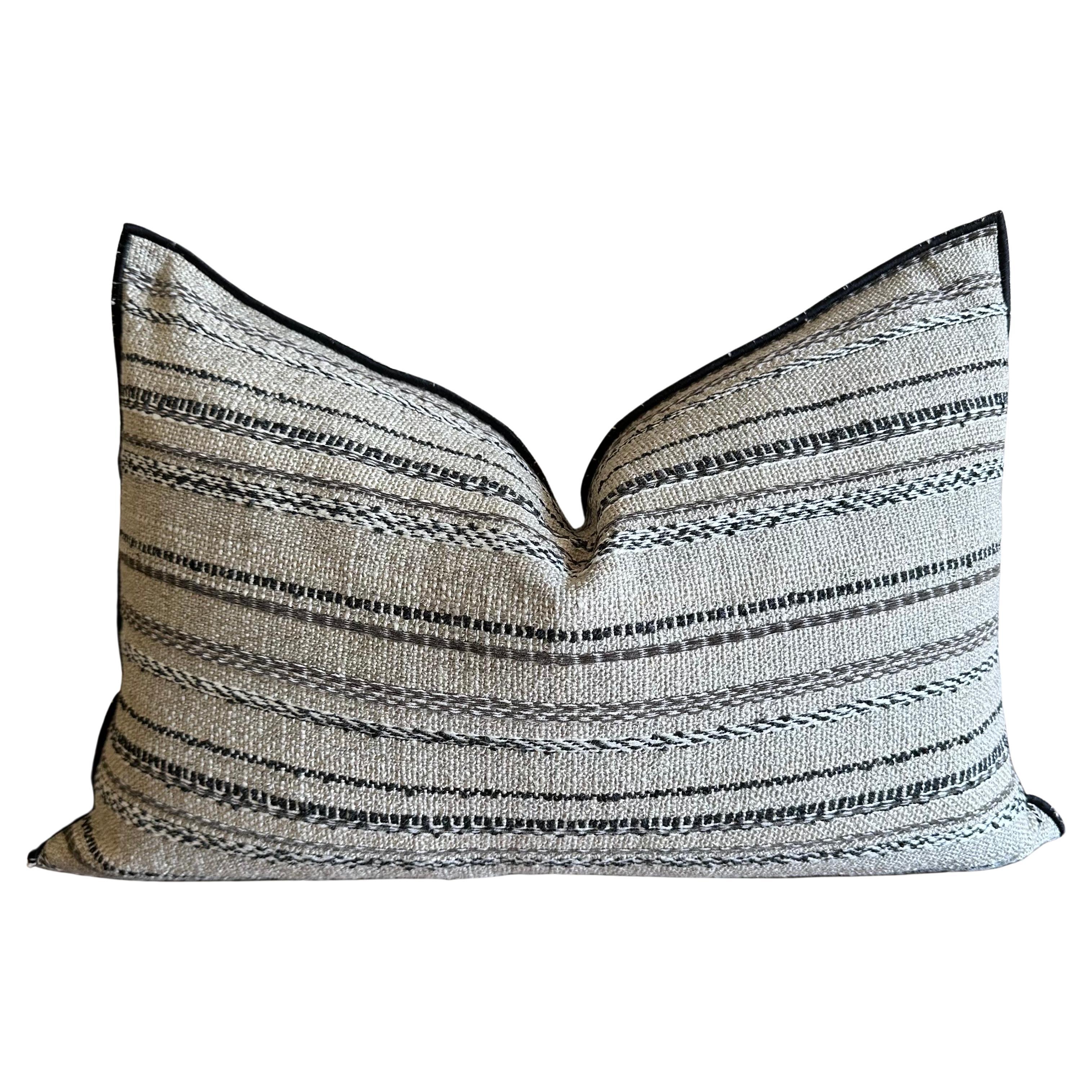 Custom Embroidered Stripe French Linen and Wool Pillow Cover For Sale