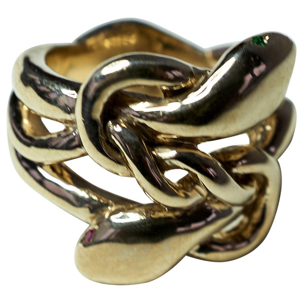 Contemporary Custom Emerald Ruby Snake Ring Victorian Style Cocktail Ring Bronze J Dauphin For Sale