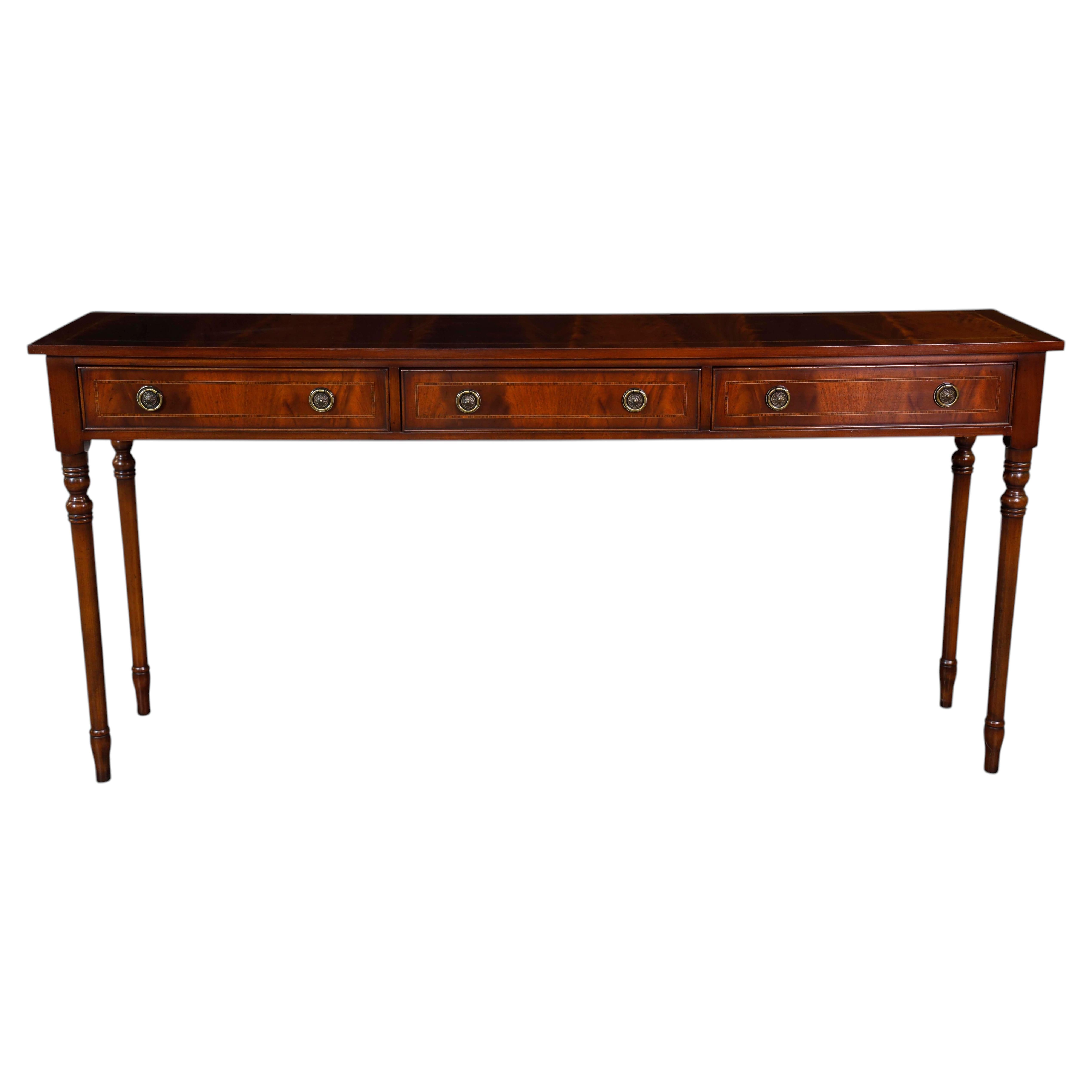 Custom English Three-drawer Crotch Mahogany Console with Ring Pulls