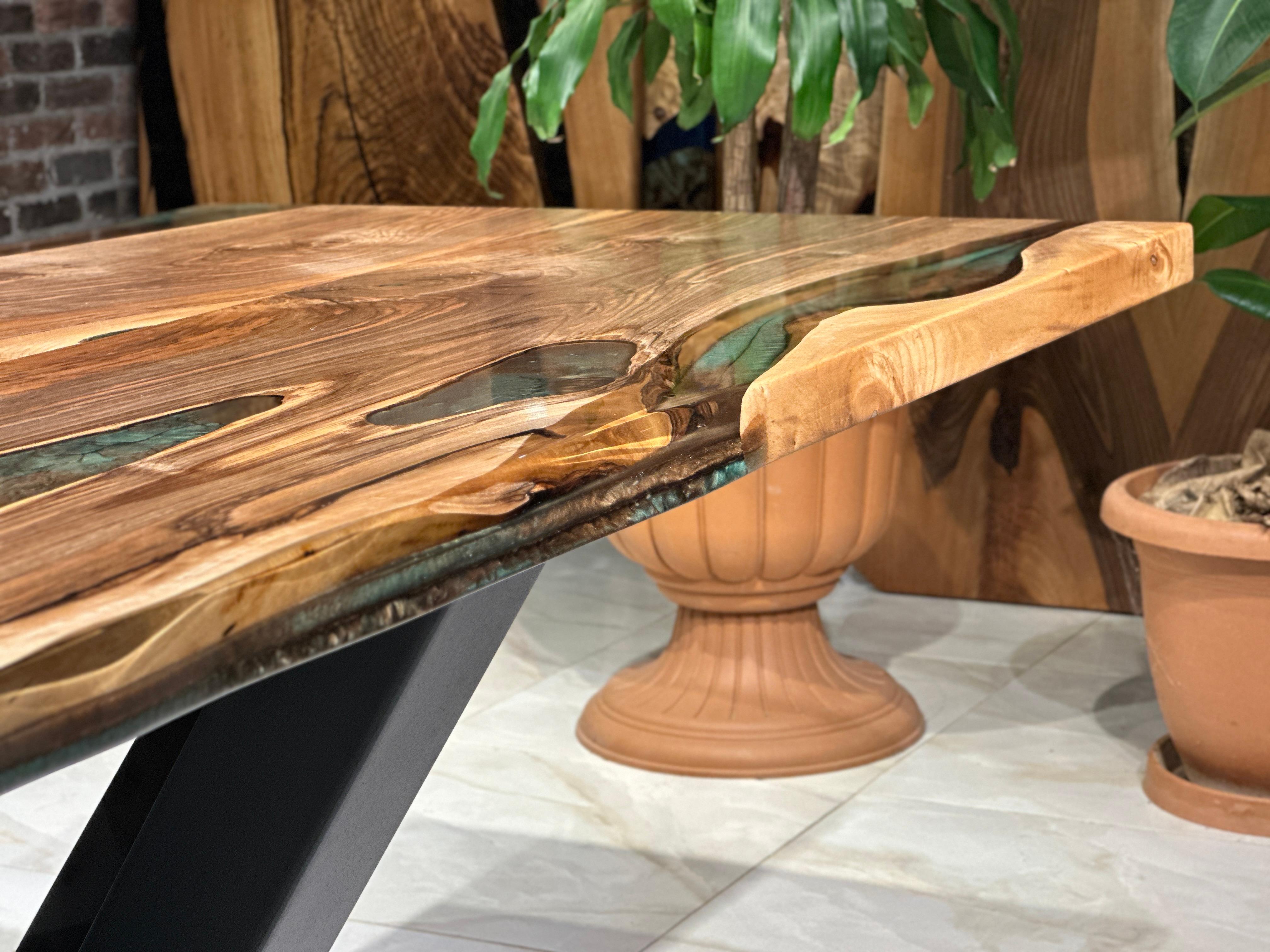 Contemporary Custom Epoxy Resin Ancient Black Walnut Dining Table For Sale