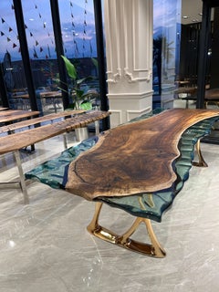 Custom Epoxy Resin River Live Edge Natural Wood Conference Table