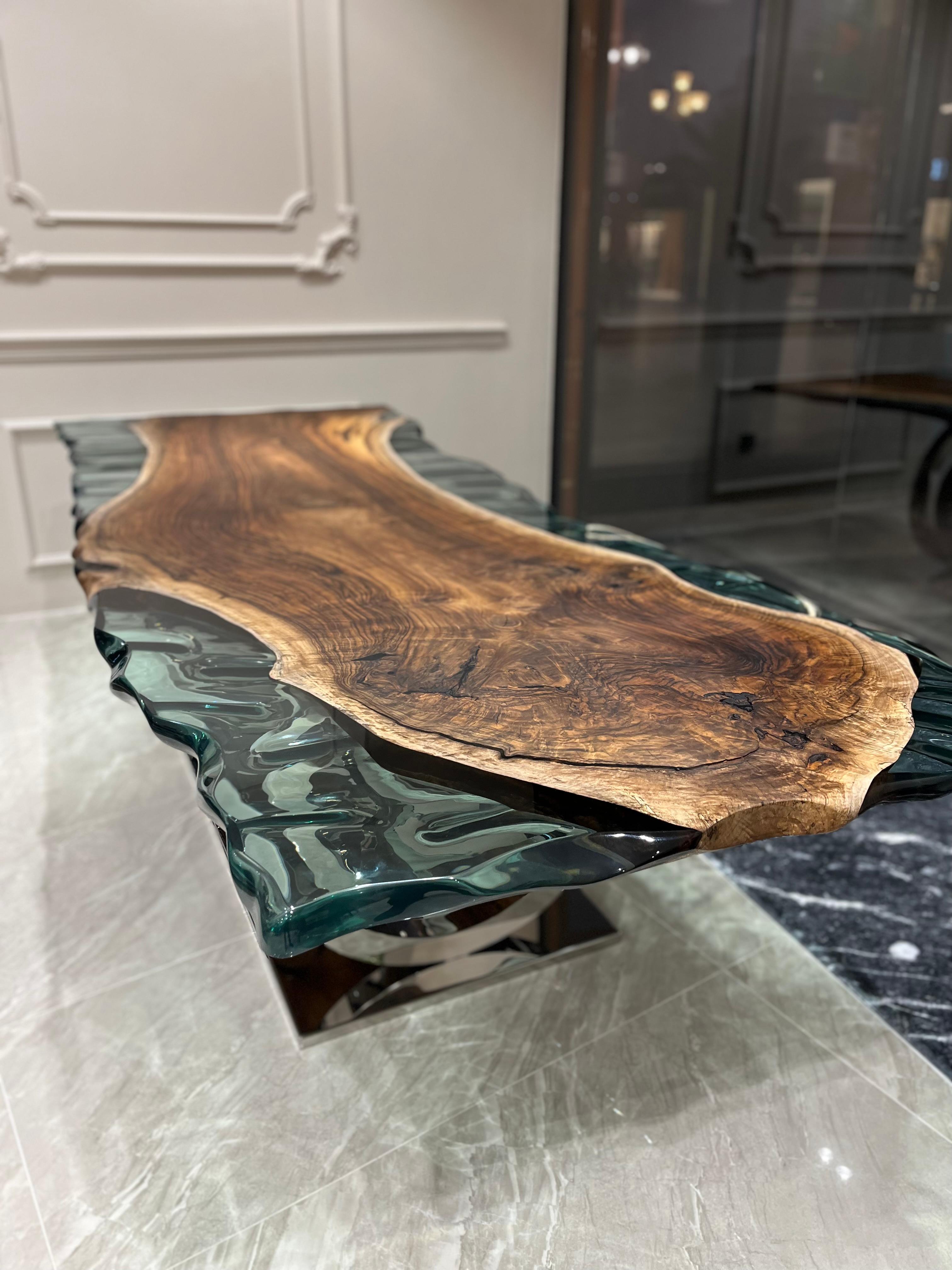 Arts and Crafts Custom Epoxy Resin River Live Edge Natural Wood Conference Table  For Sale
