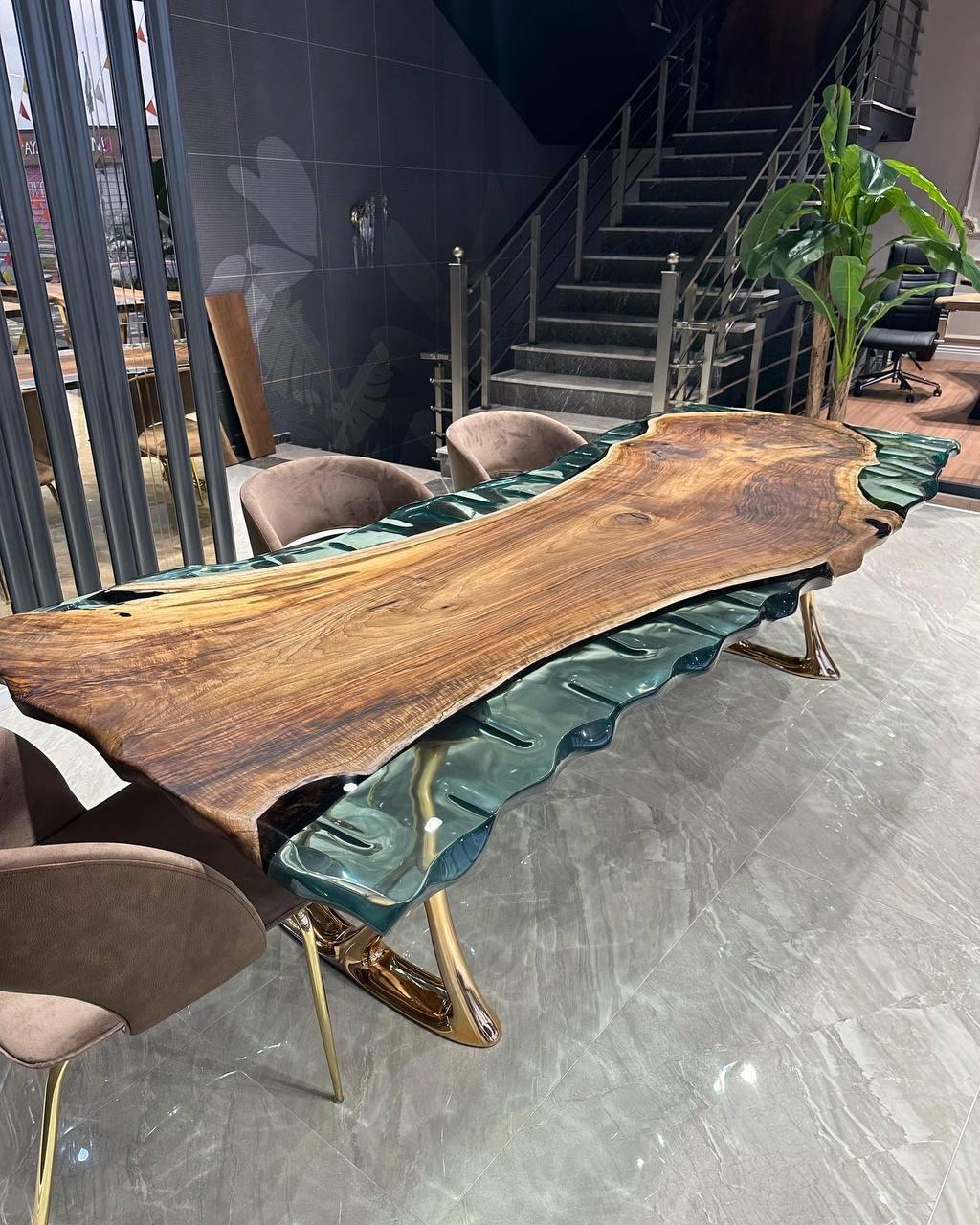 Hand-Carved Custom Epoxy Resin River Live Edge Natural Wood Conference Table  For Sale