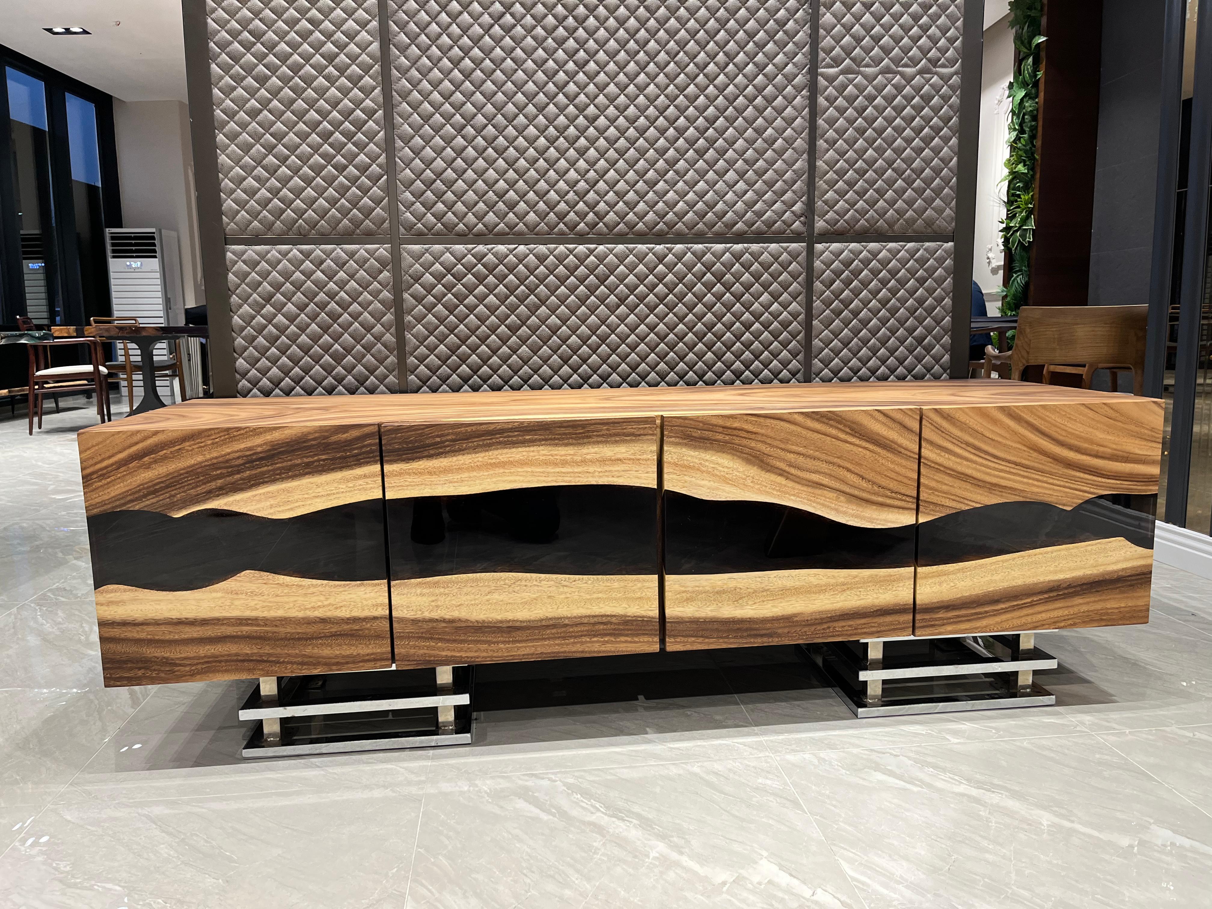 Organic Modern Custom Epoxy Resin Sideboard With Tropical Suar Wood For Sale