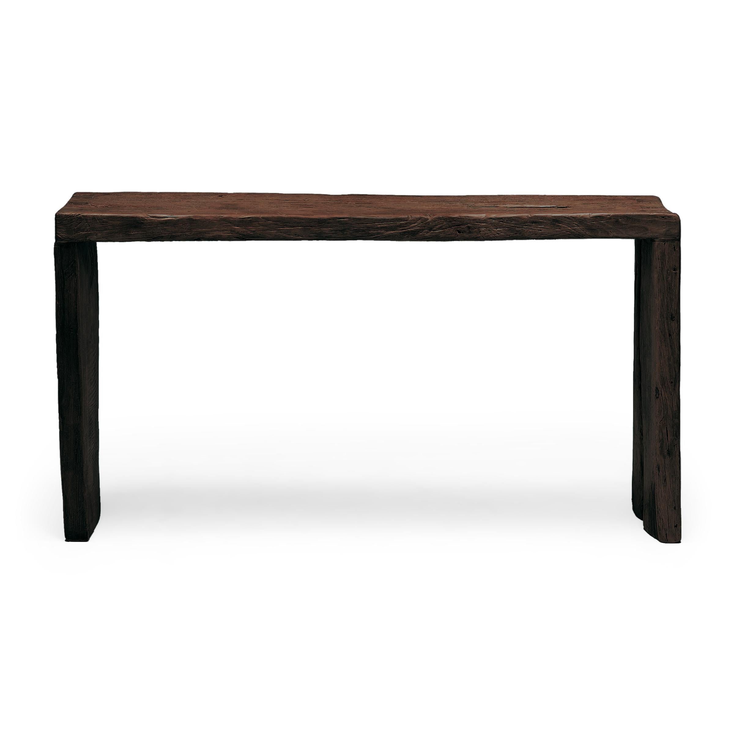 Our custom reclaimed wood console tables are hand-crafted by local artisans using architectural salvage from Qing-dynasty buildings. Each table is expertly crafted to a minimalist, waterfall design with traditional dovetailed joinery, without a