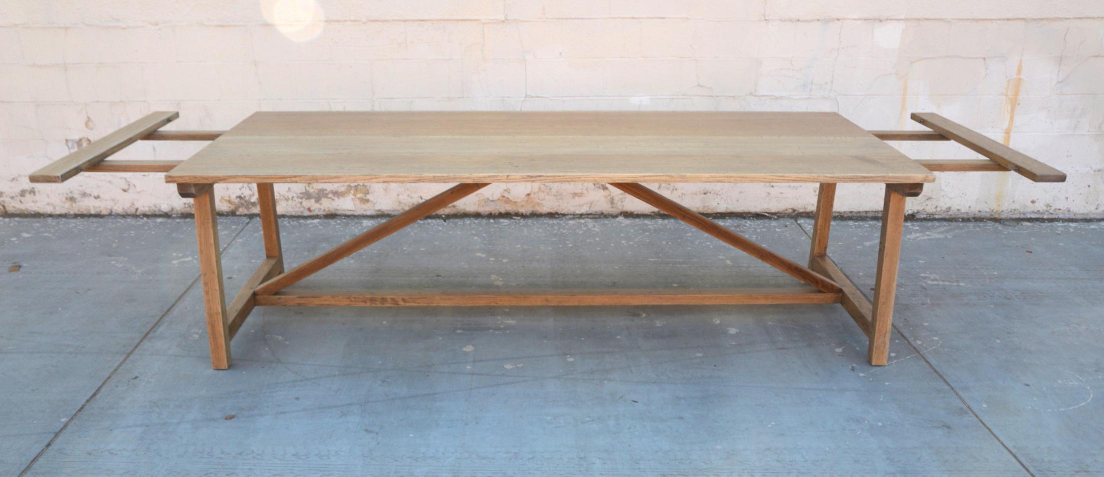 Iris Farm Table in Distressed Rift Sawn Oak (custom, expandable)  In Distressed Condition For Sale In Los Angeles, CA