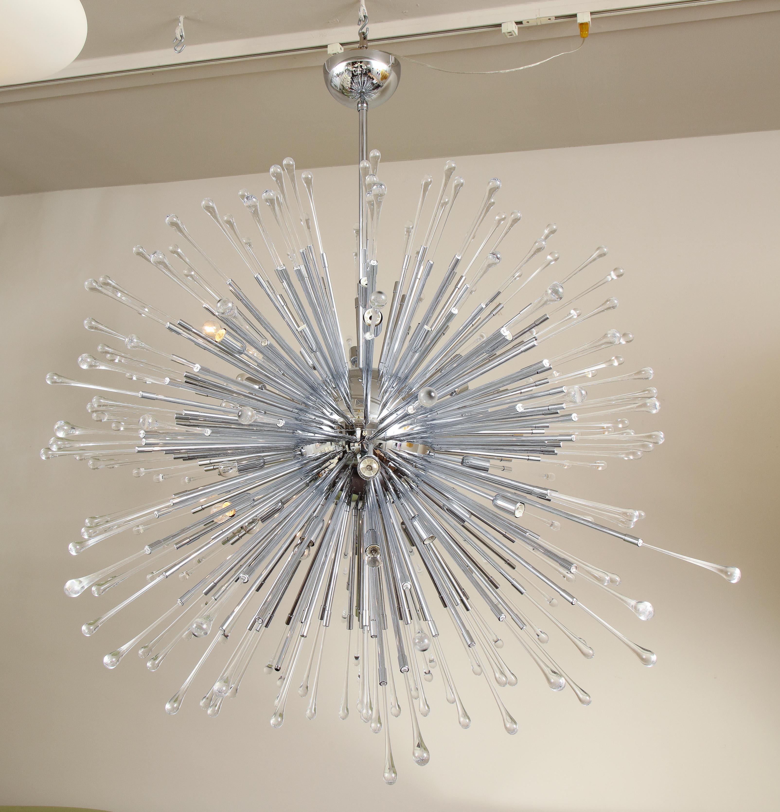 Custom extra large all teardrop Sputnik chandelier in polished chrome. Customization is available in different sizes, glass colors (clear, smoke & amethyst) and finishes. Please specify the overall height you desire for the chandelier upon order. 1