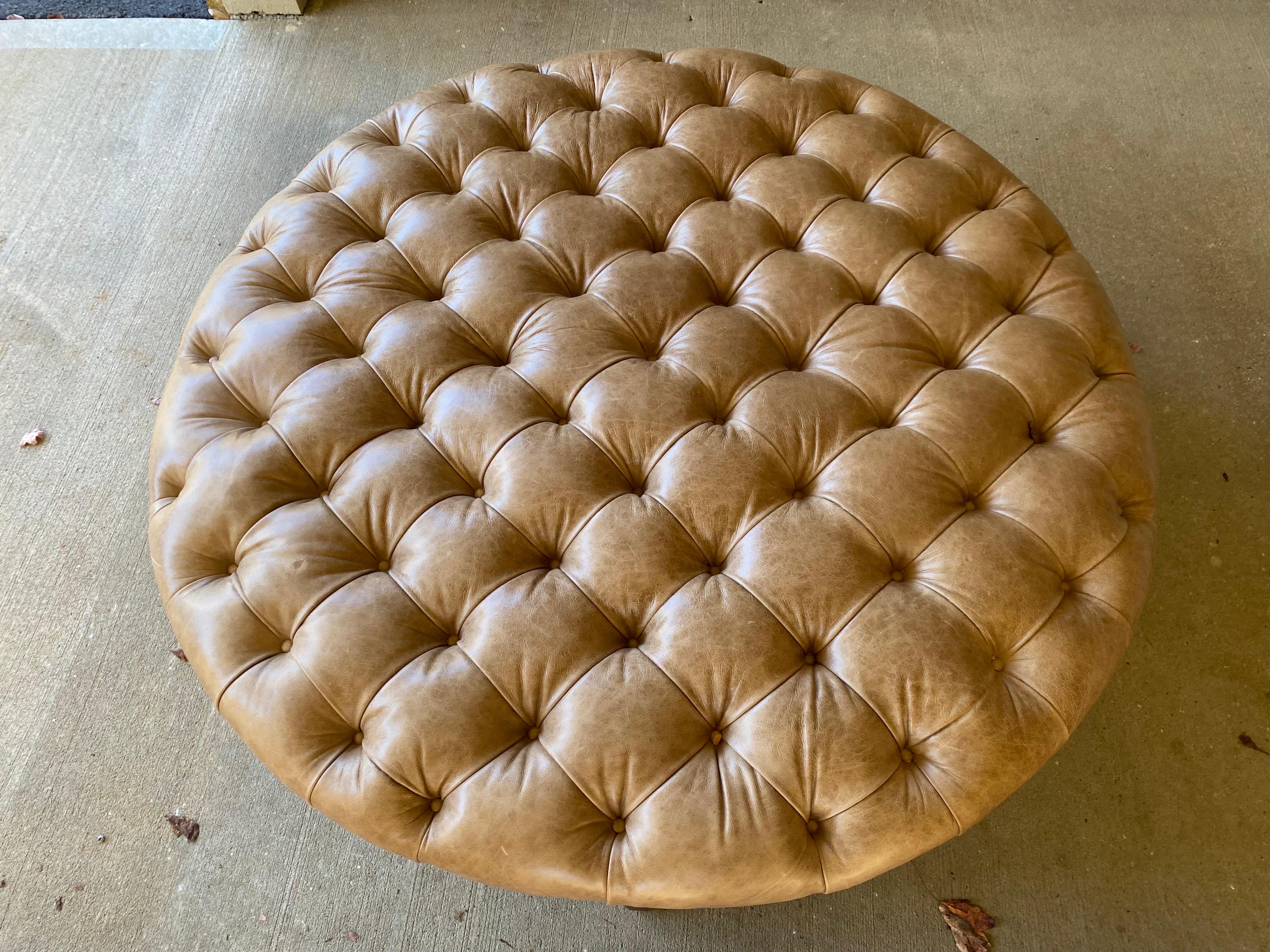 Custom Fabricated Large Round Leather Tufted Ottoman 3