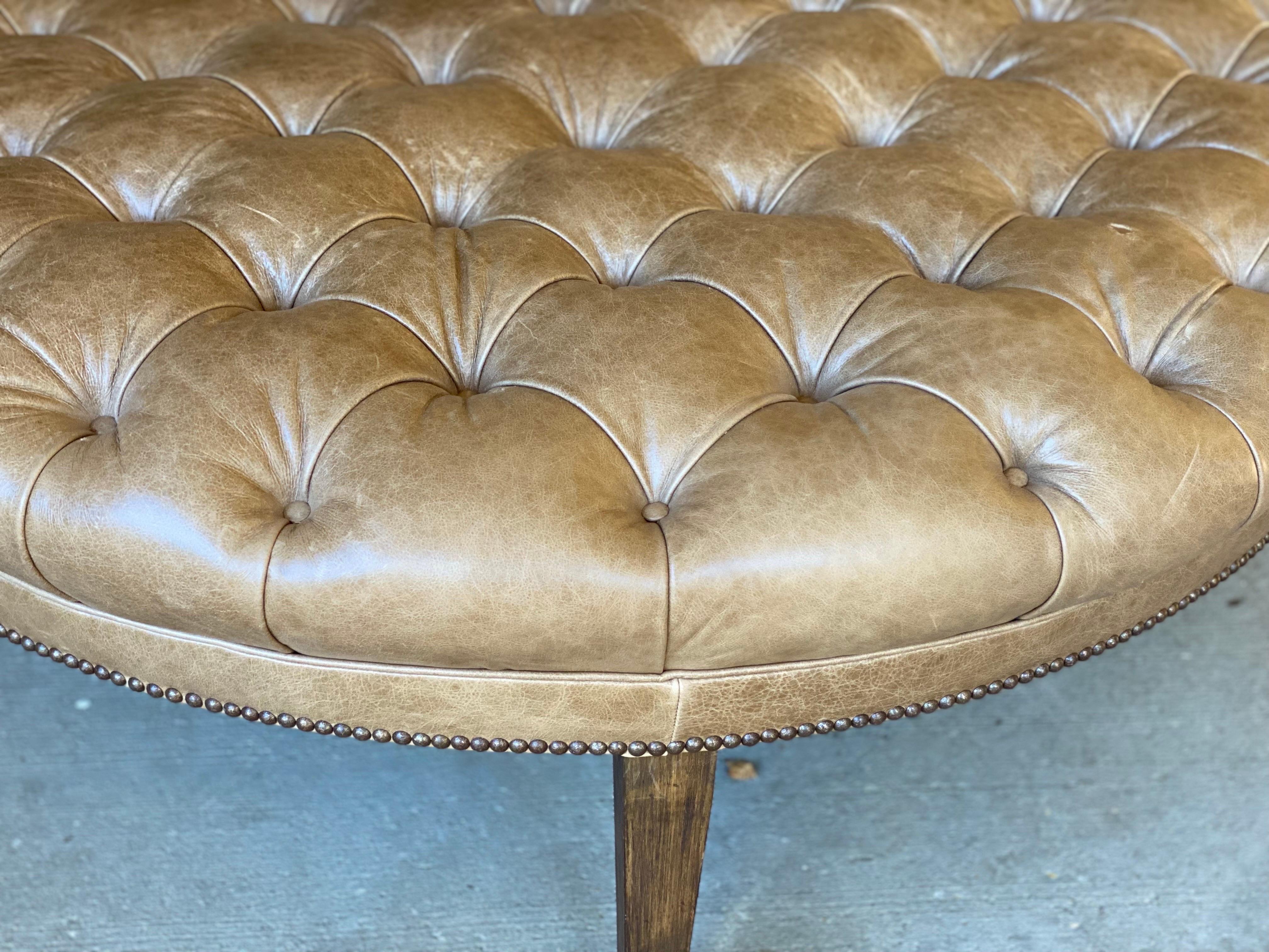 Custom Fabricated Large Round Leather Tufted Ottoman 4