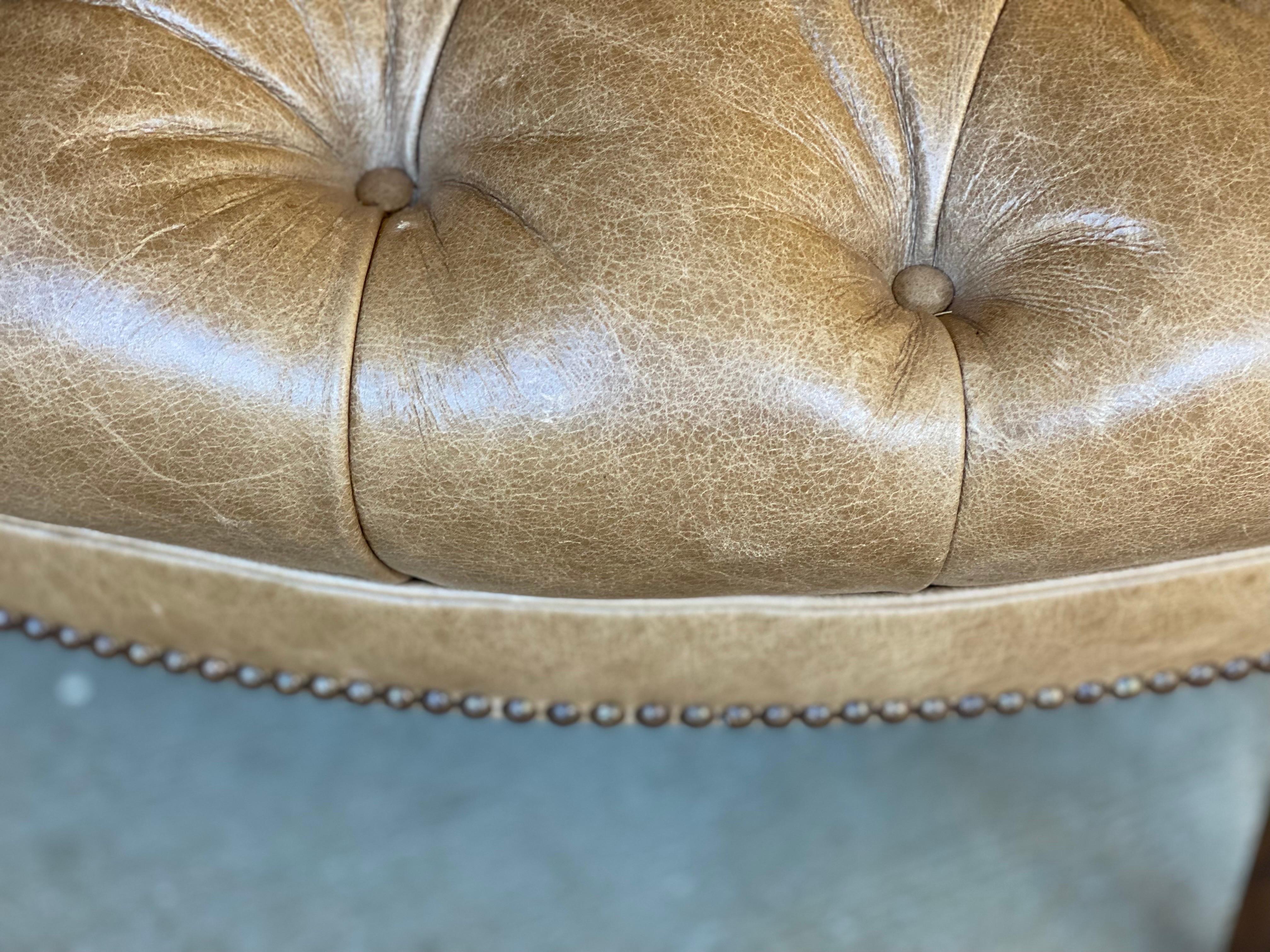 American Custom Fabricated Large Round Leather Tufted Ottoman
