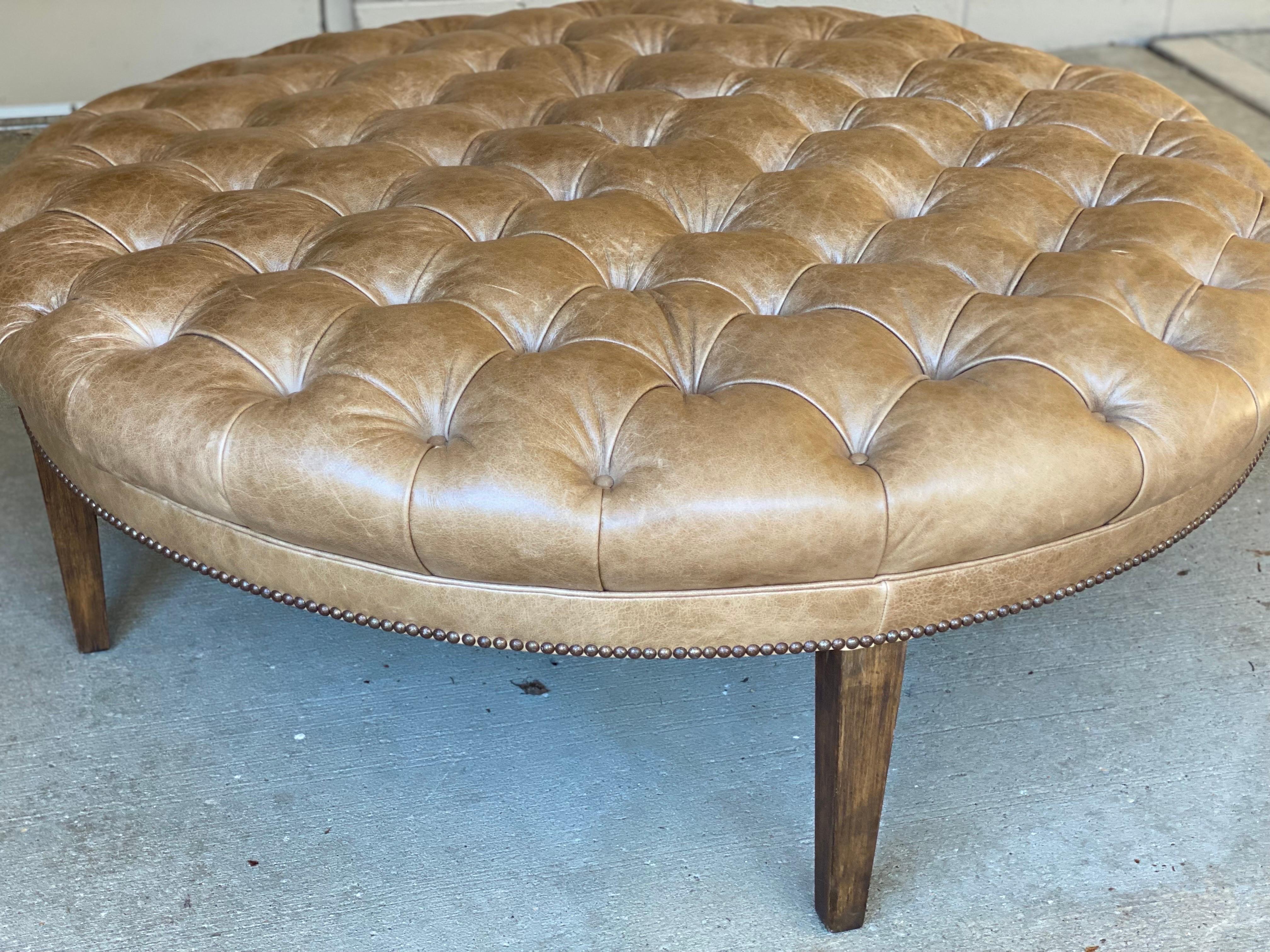 Custom Fabricated Large Round Leather Tufted Ottoman In Good Condition In Southampton, NY