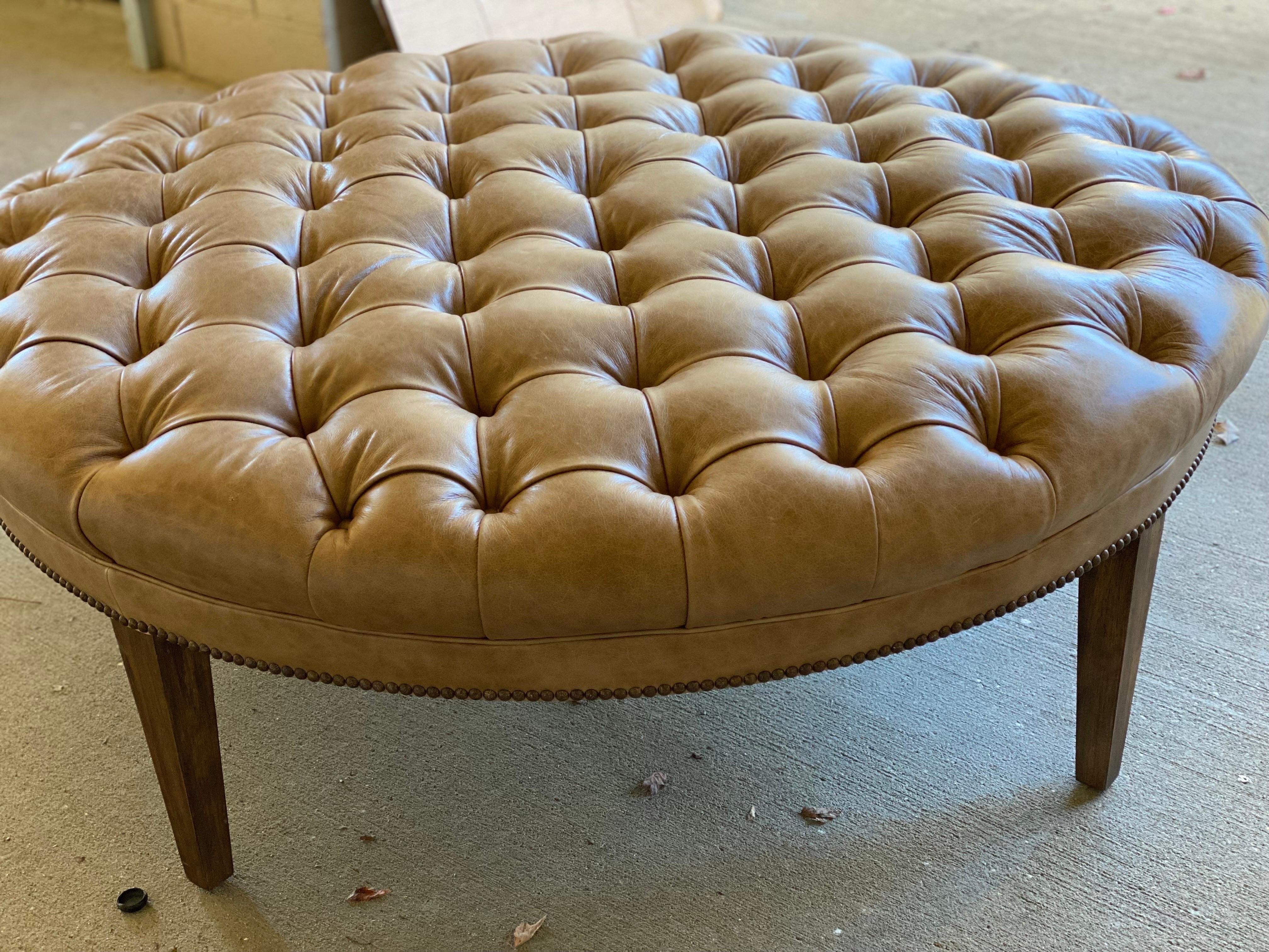 Contemporary Custom Fabricated Large Round Leather Tufted Ottoman