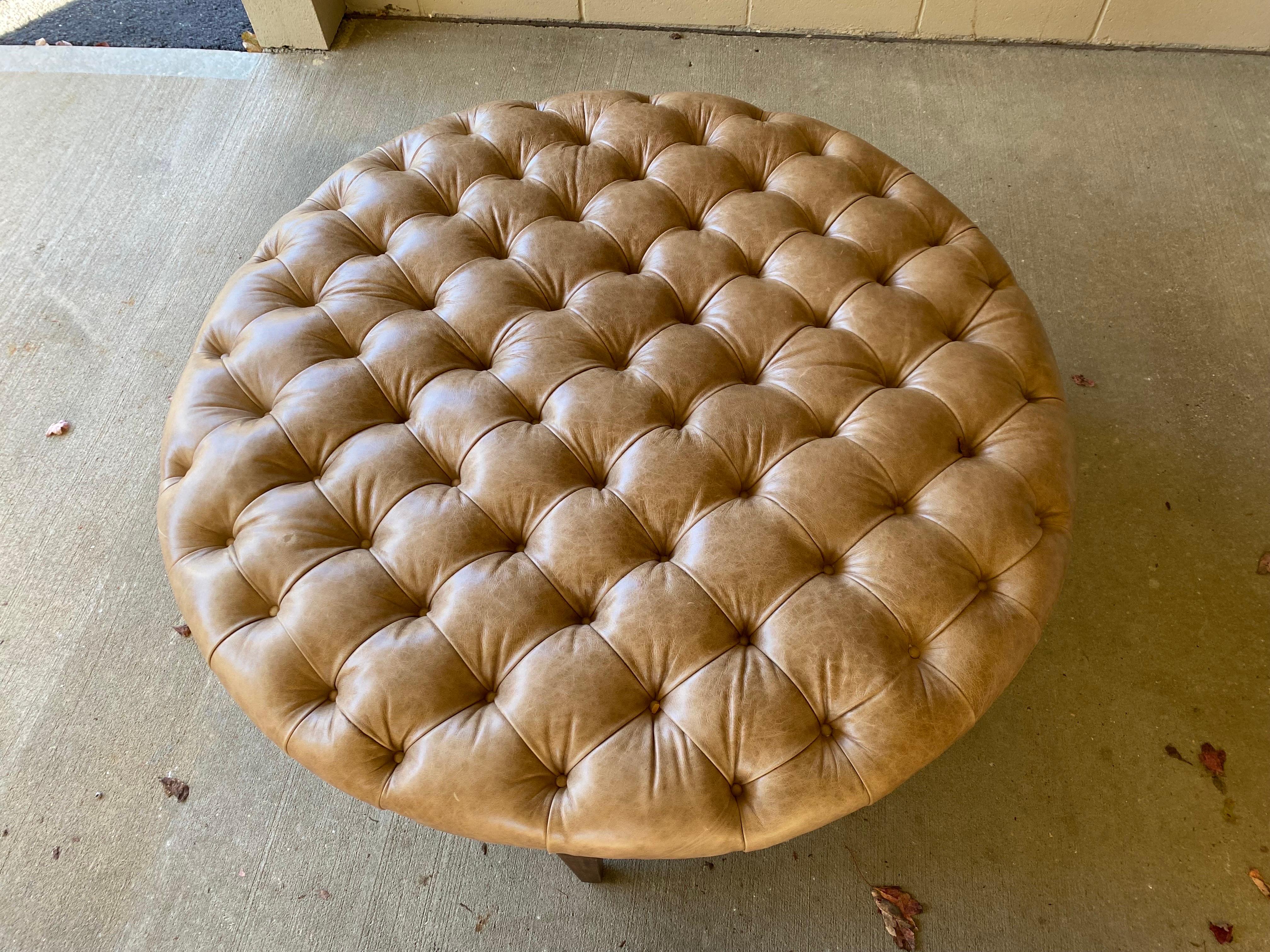 Custom Fabricated Large Round Leather Tufted Ottoman 1