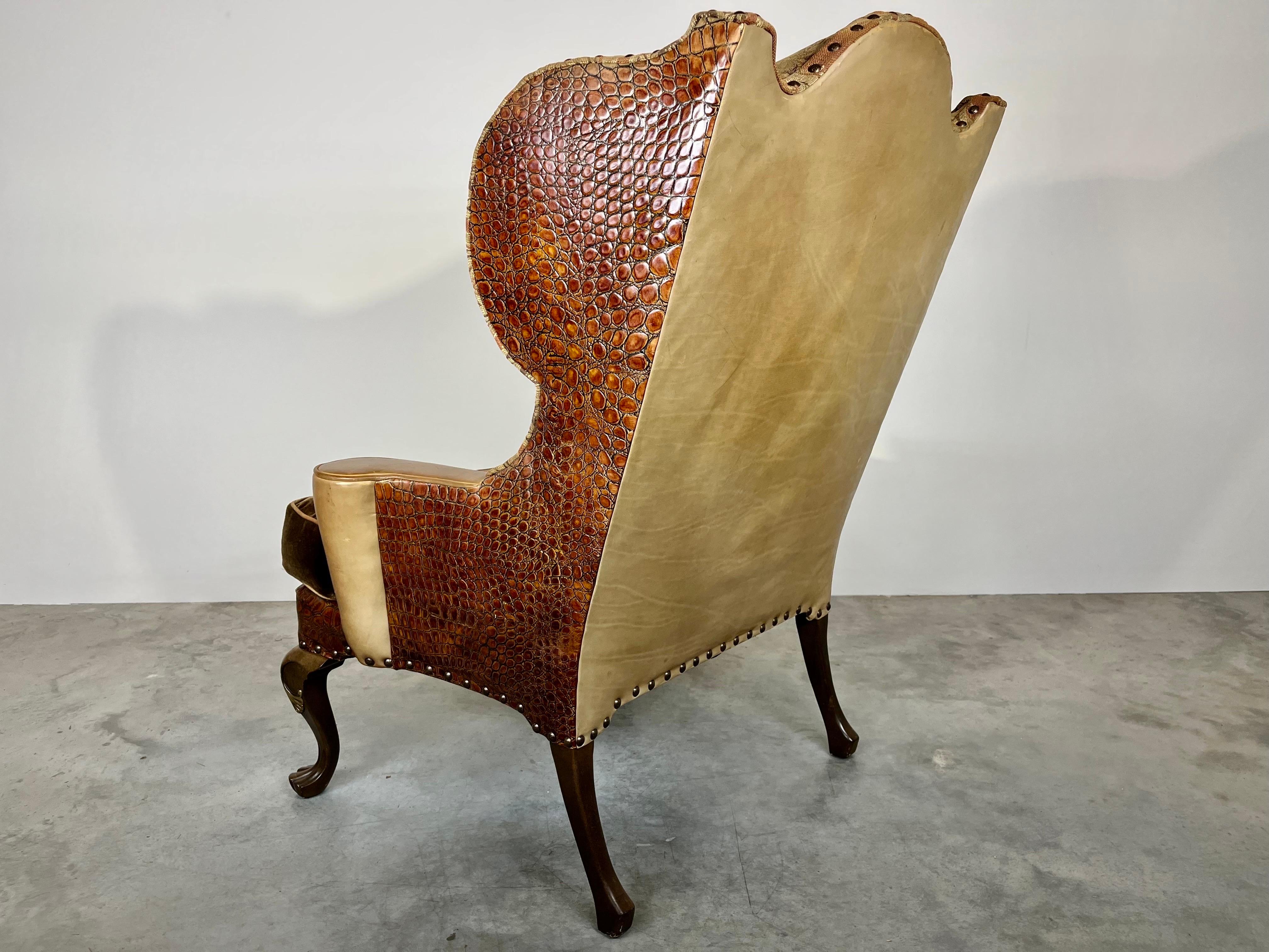 Oversized Wingback Chair by Century Furniture having claw feet with custom faux gator leather and mohair down seat cushion designed by David Vanderbloemen, b. 1955 who designed for Century from 1985. David Worked directly with Jay Spectre on all of