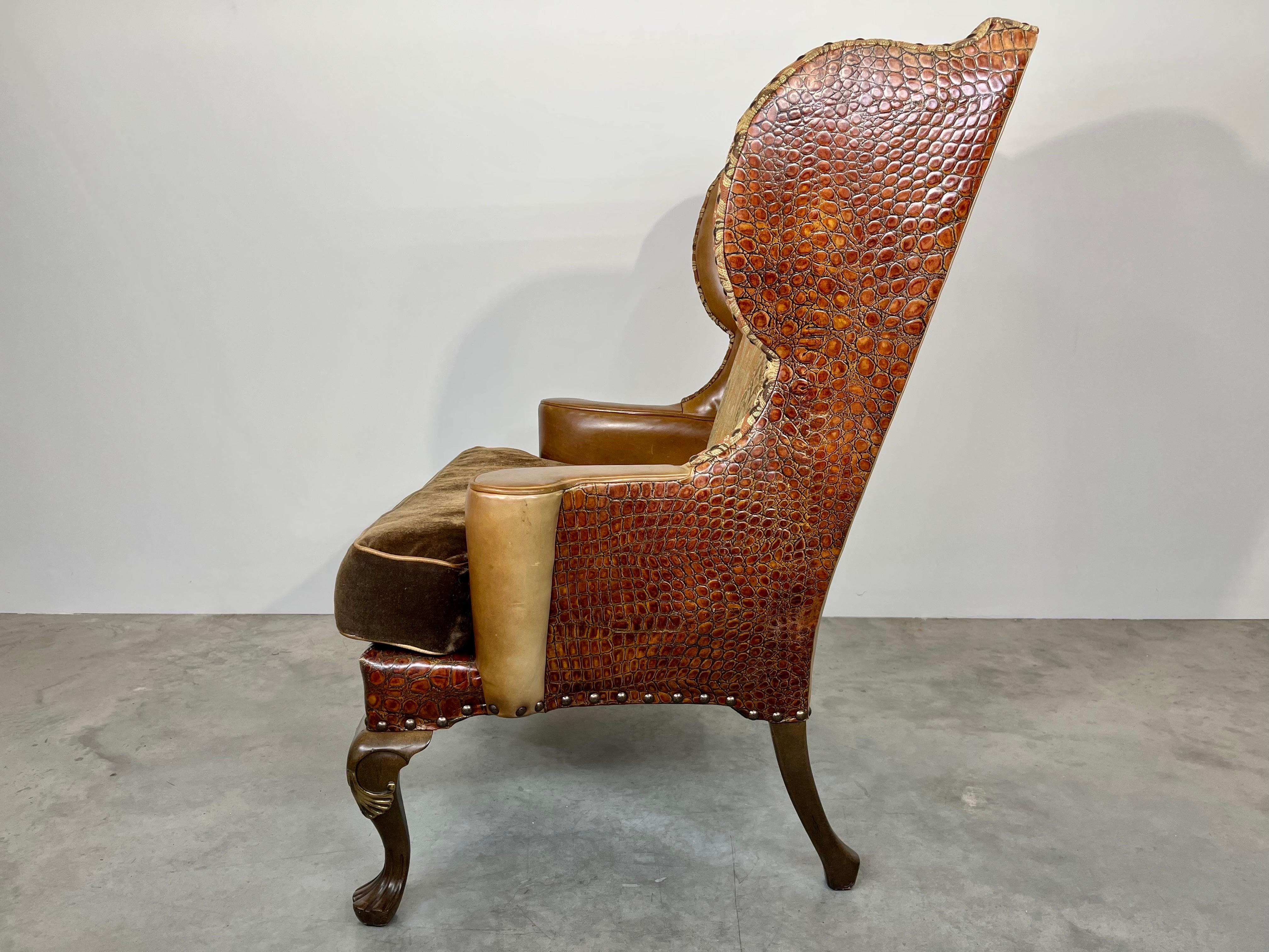 Queen Anne Custom Faux Gator Leather & Mohair Oversized Wingback Chair by Century