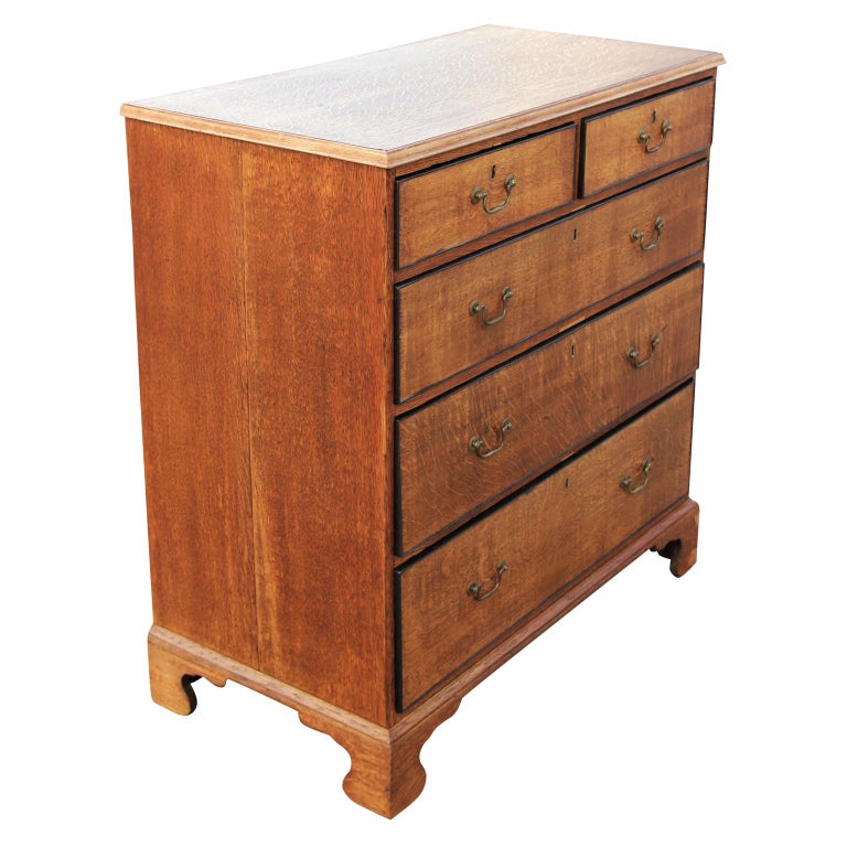 Custom Finished English Tiger Oak Chest of Drawers Brass