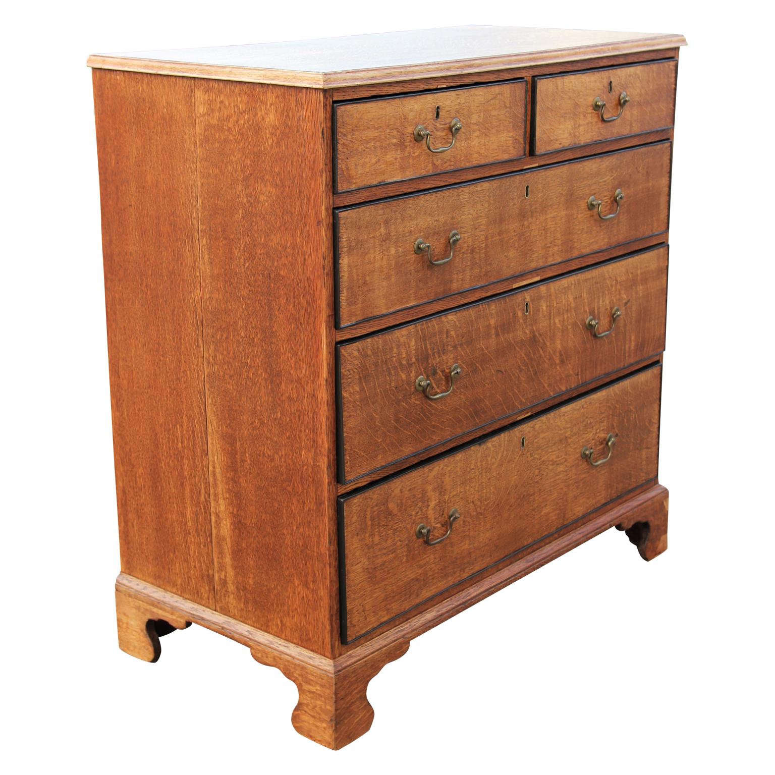 Custom Finished Georgian English Tiger Oak Chest of Drawers Brass Handles In Good Condition In Houston, TX