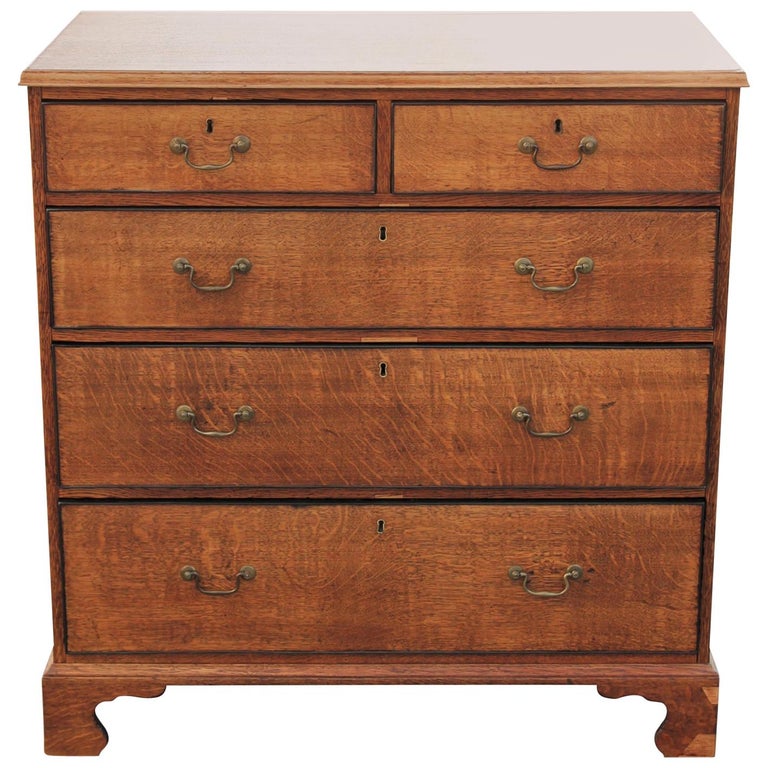 Custom Finished English Tiger Oak Chest of Drawers Brass