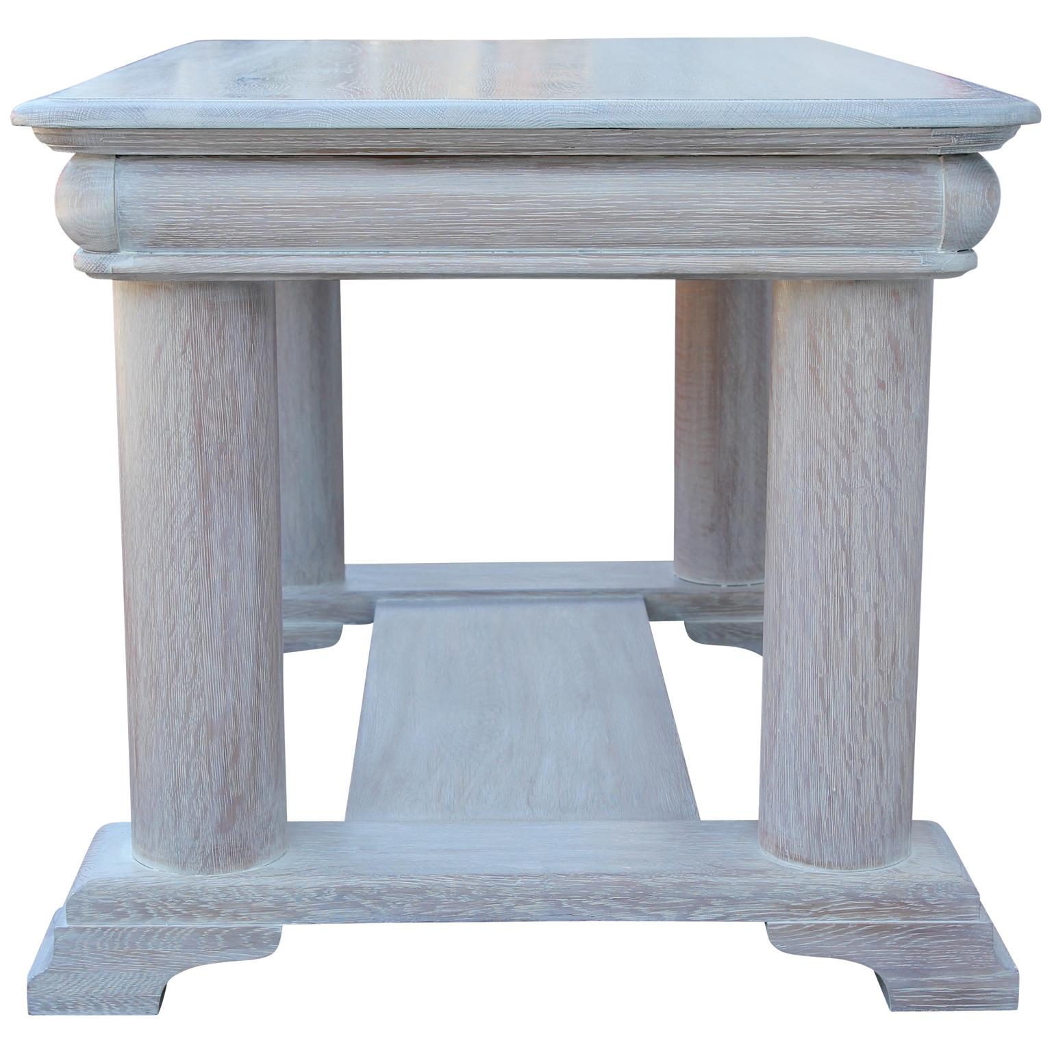 Custom finished modern natural cerused Arts & Crafts column desk
- Arts & Crafts movement
- Made out of tiger oak
- Beautifully finished in a white wash with cerused grain.
- circa 1910
- Modern column design
- Finished back
- Could be used