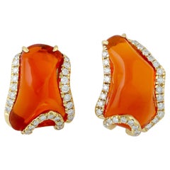 Custom Fire Opal 18 Karat Gold Diamond Stud Earrings