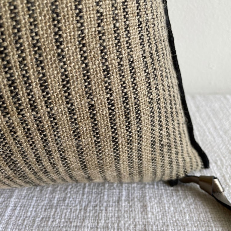 Custom Flax Linen with Black Ticking Stripe Lumbar Pillow For Sale at