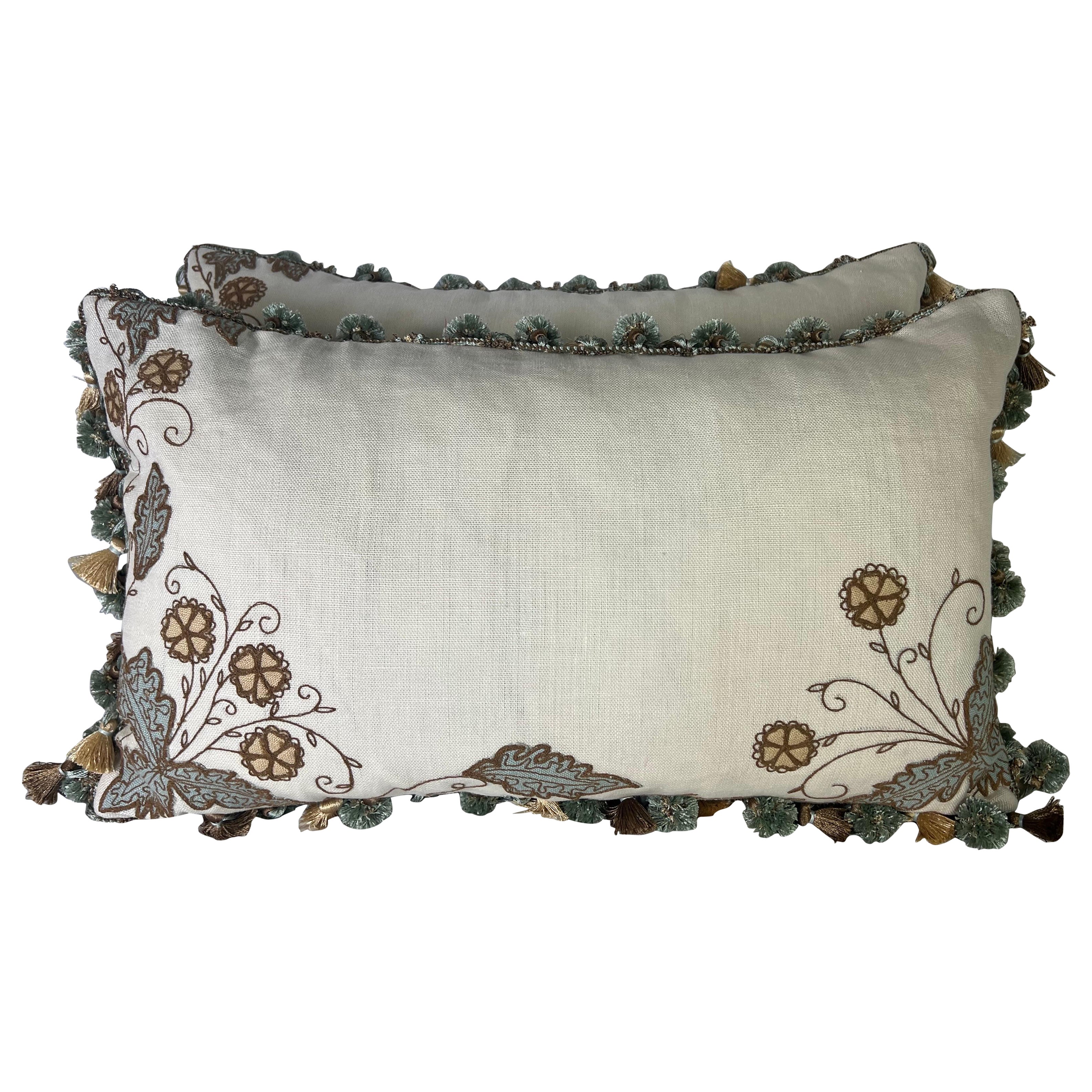 Custom Floral Embroidered Linen Pillows by Melissa Levinson