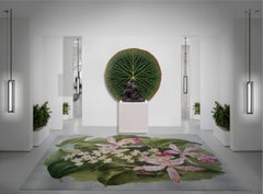 Custom Floral Wool Rug "Orchids"  Luxury 3D Mosaic Border Green & Pink Carpet