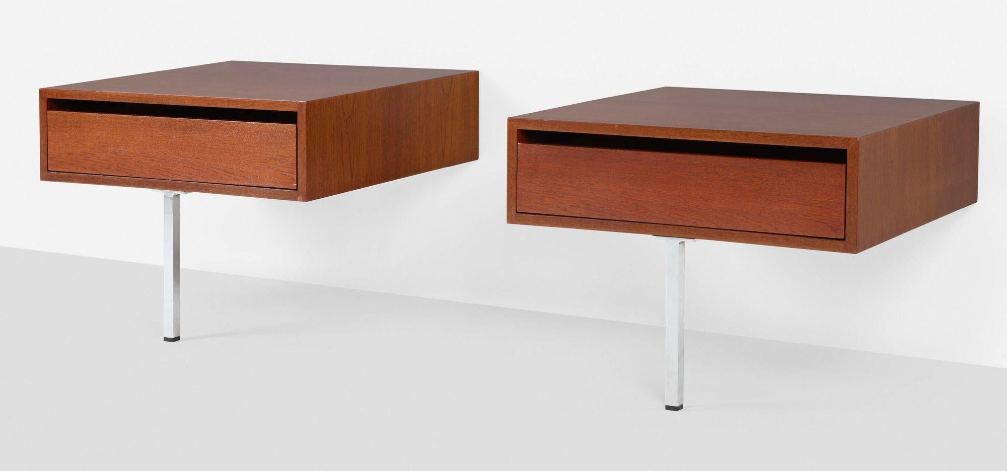 Custom Florence Knoll Teakwood Nightstands Model 575, for Knoll Associates, USA, 1955
These exquisite nightstands were custom designed for architect John Hejduk’s interior 1968. They feature sleek teak cases with a cutout reveal for easy access,