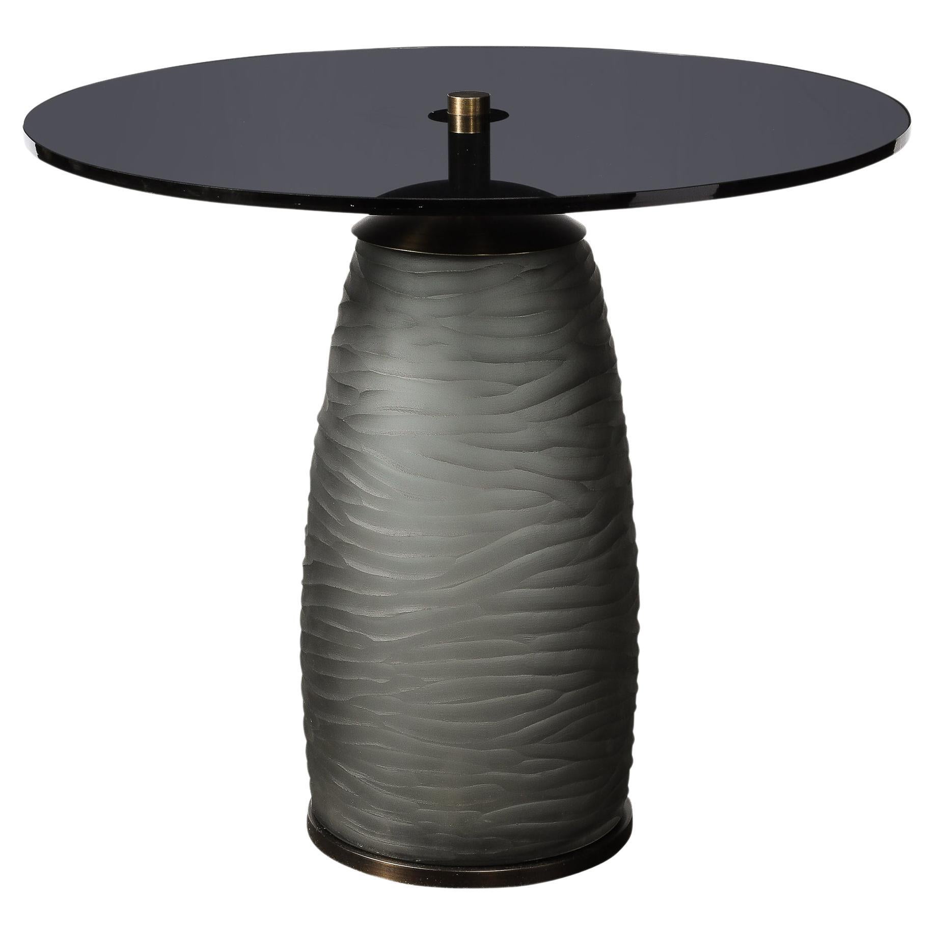 Custom for High Style Deco Murano Smoked Battuto Glass & Bronze End Table For Sale