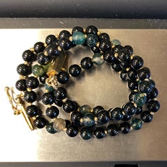 CUSTOM FOR KATHY:  34" Black Jade & Moss Agate Bead Necklace with 14K Gold Clasp