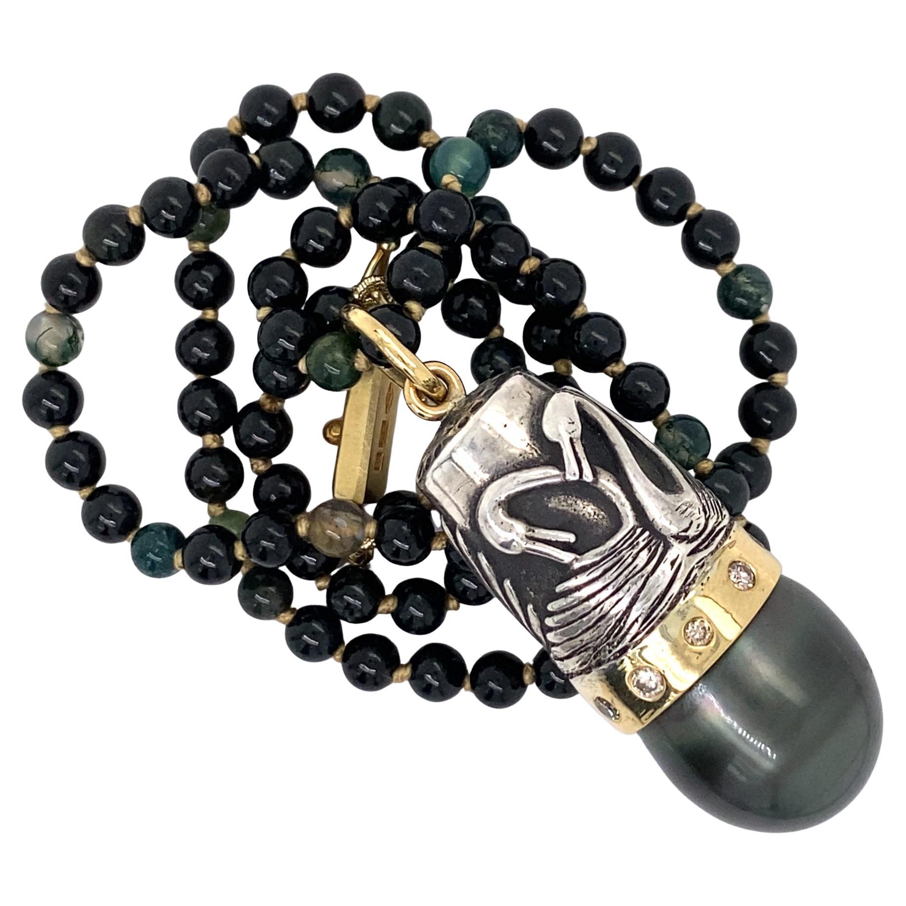 BRAUCH FÜR KATHY:  34" Halskette aus schwarzer Jade und Moss-Achat-Perlen mit 14K Goldverschluss