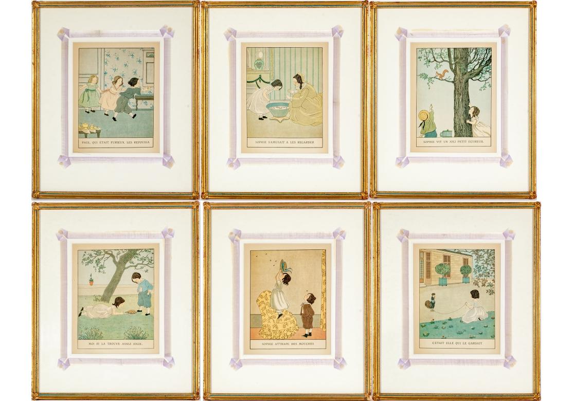 Ensemble magnifiquement encadré de six gravures d'enfants colorées et très décoratives. Les estampes sont des illustrations du livre Les Malheurs de Sophie de la Comtesse de Ségur.
Le texte au bas de l'image, 