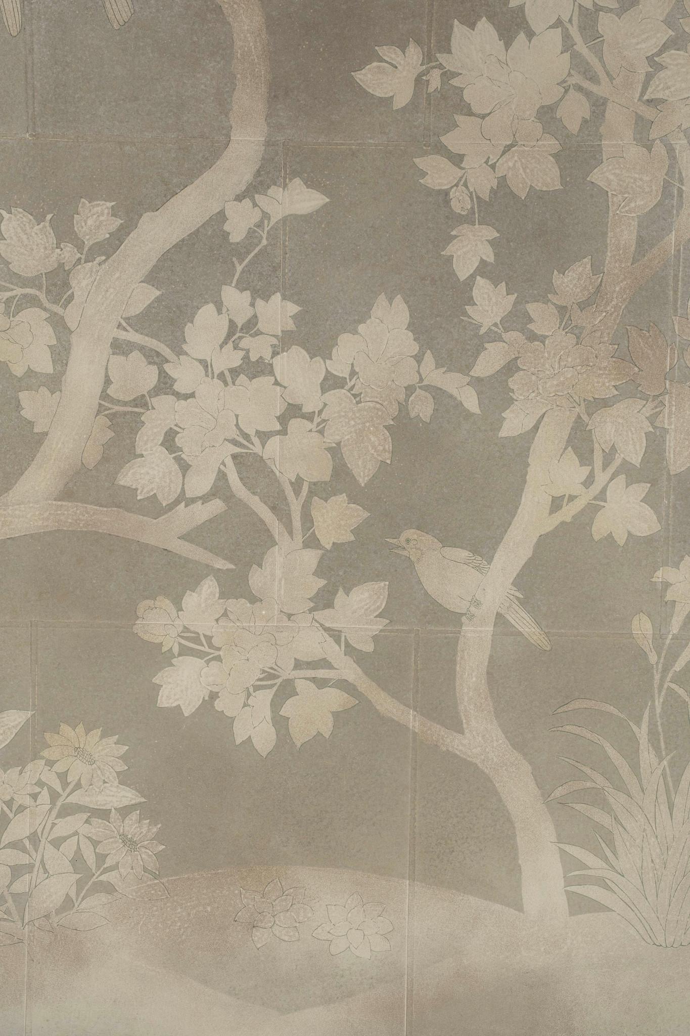 Chinoiserie Custom Framed Hand Painted Gracie Wallpaper~ Silver Silhouette
