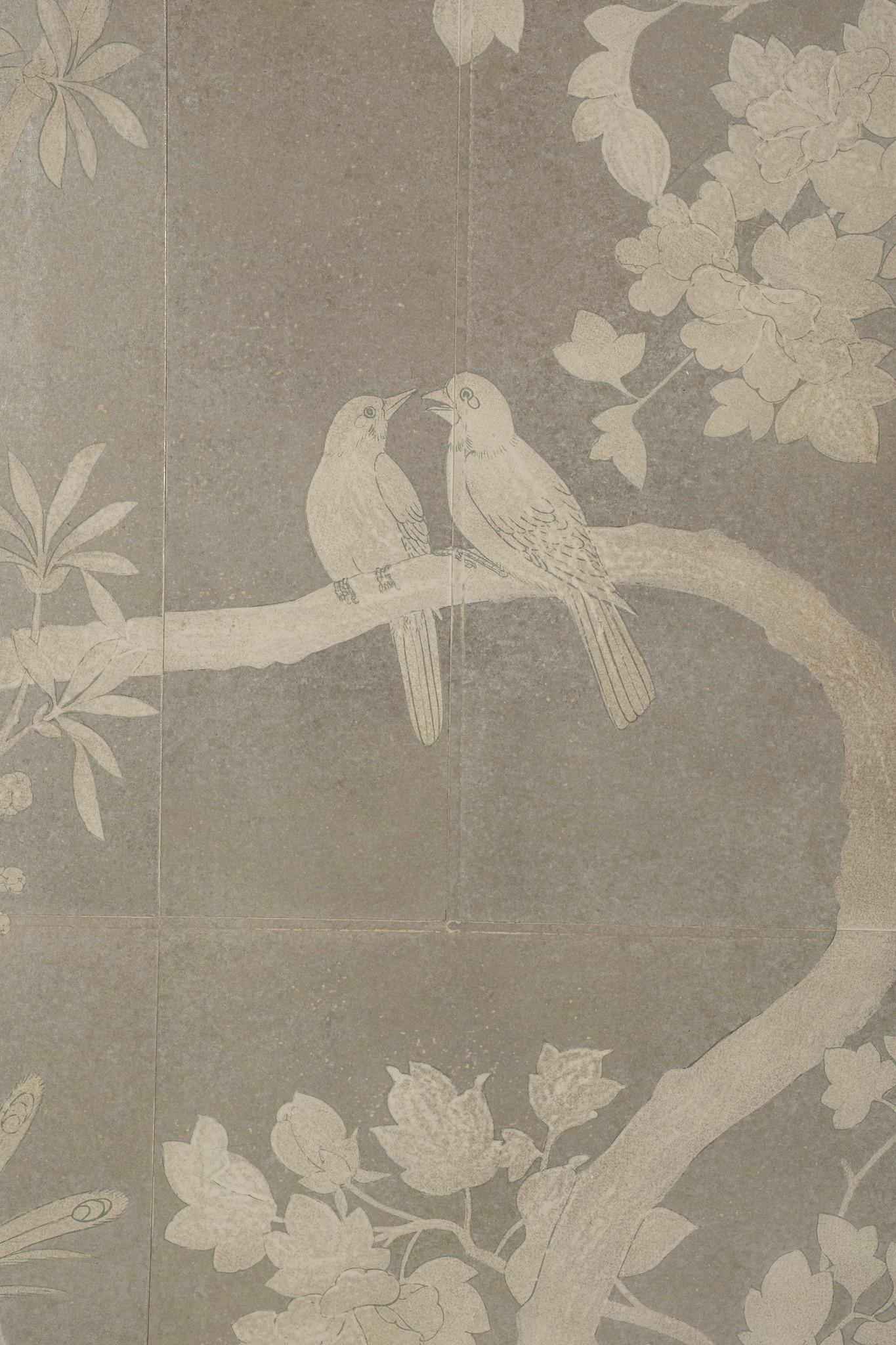 Custom Framed Hand Painted Gracie Wallpaper~ Silver Silhouette In New Condition In Houston, TX
