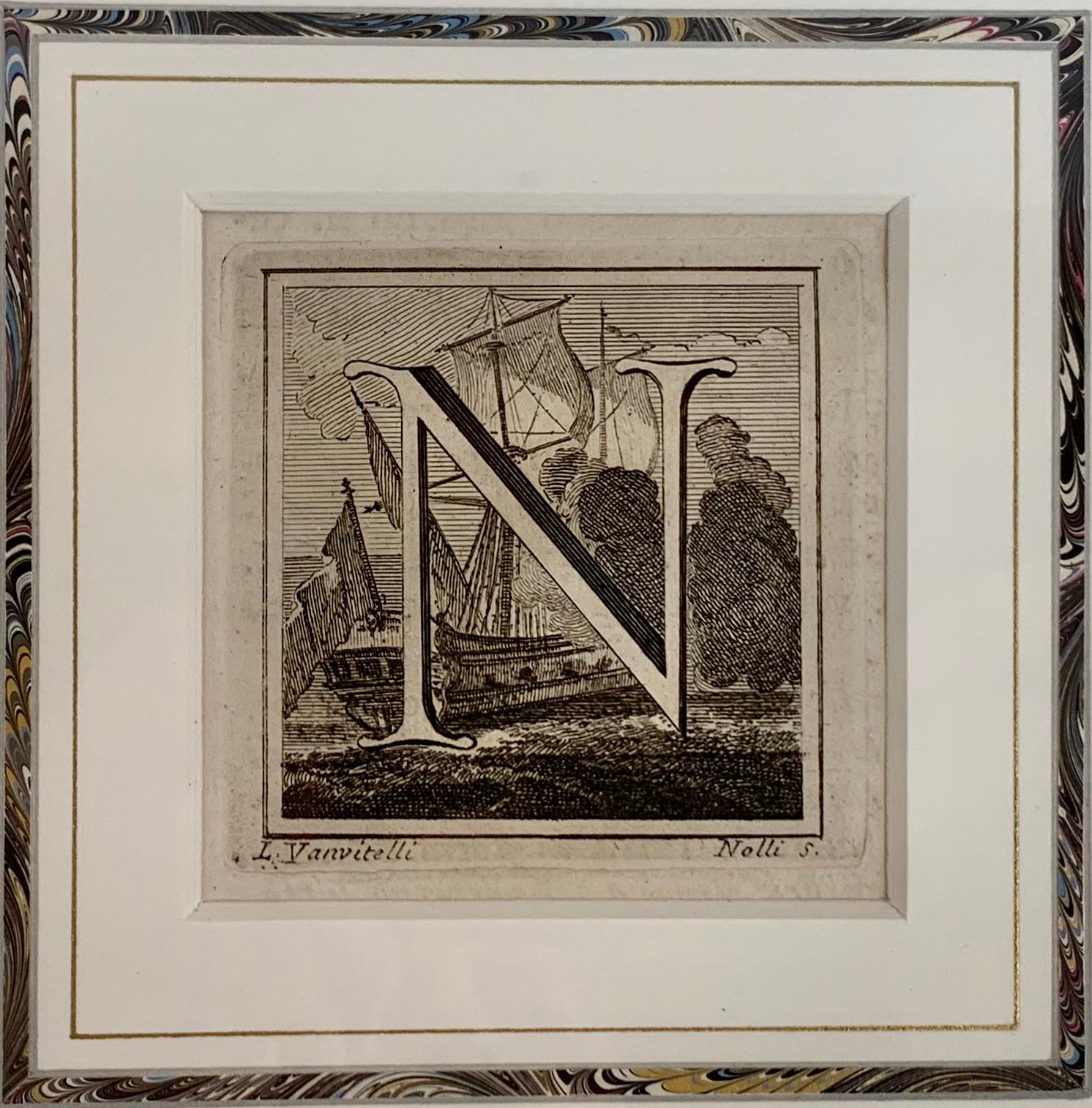 Neoclassical The Letter N an Engraving by Luigi Vanvitelli for King Carlos III, Italy, 1771  For Sale