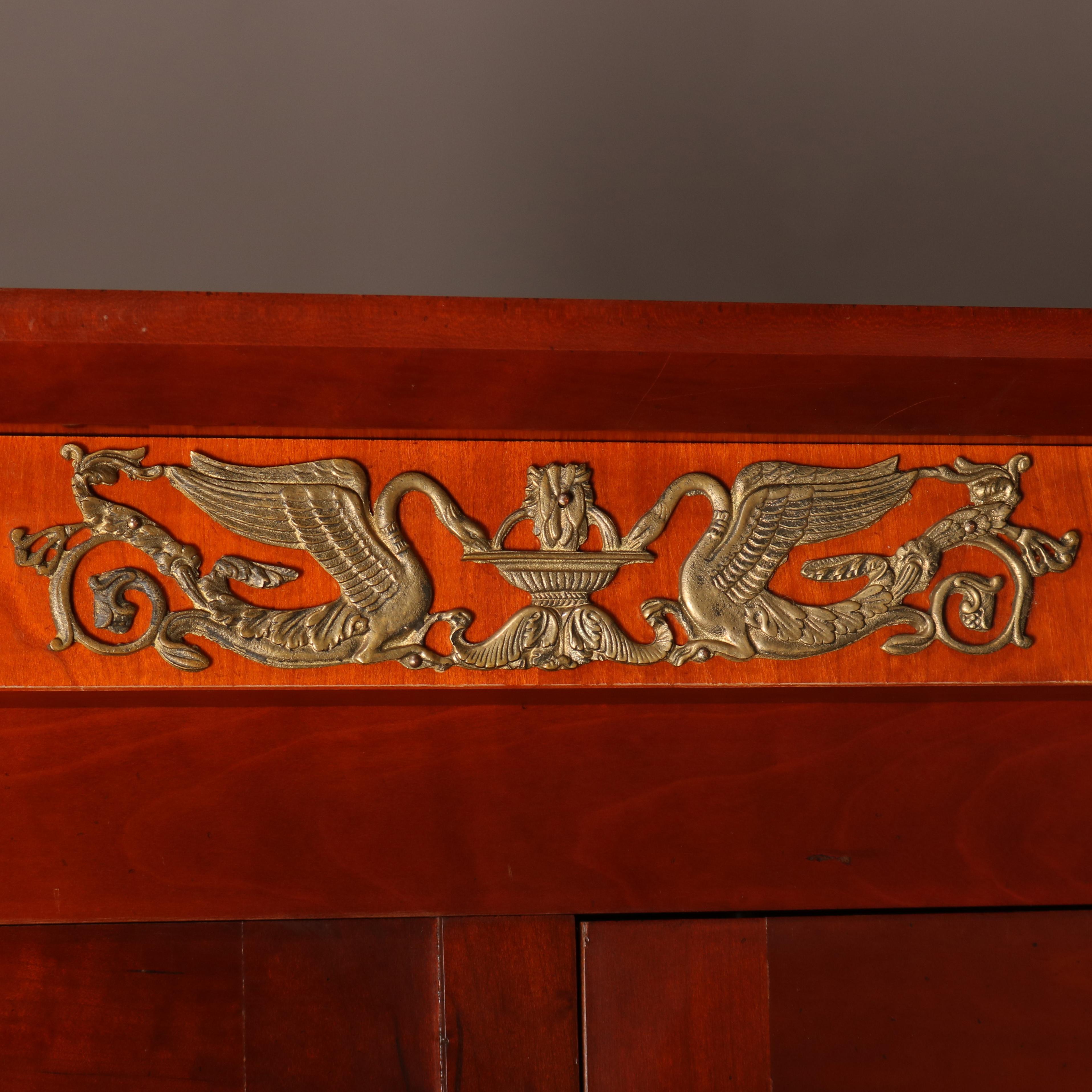 Cast Custom French Empire Neoclassical Mahogany, Ebonized & Bronze Two-Door Cabinet 