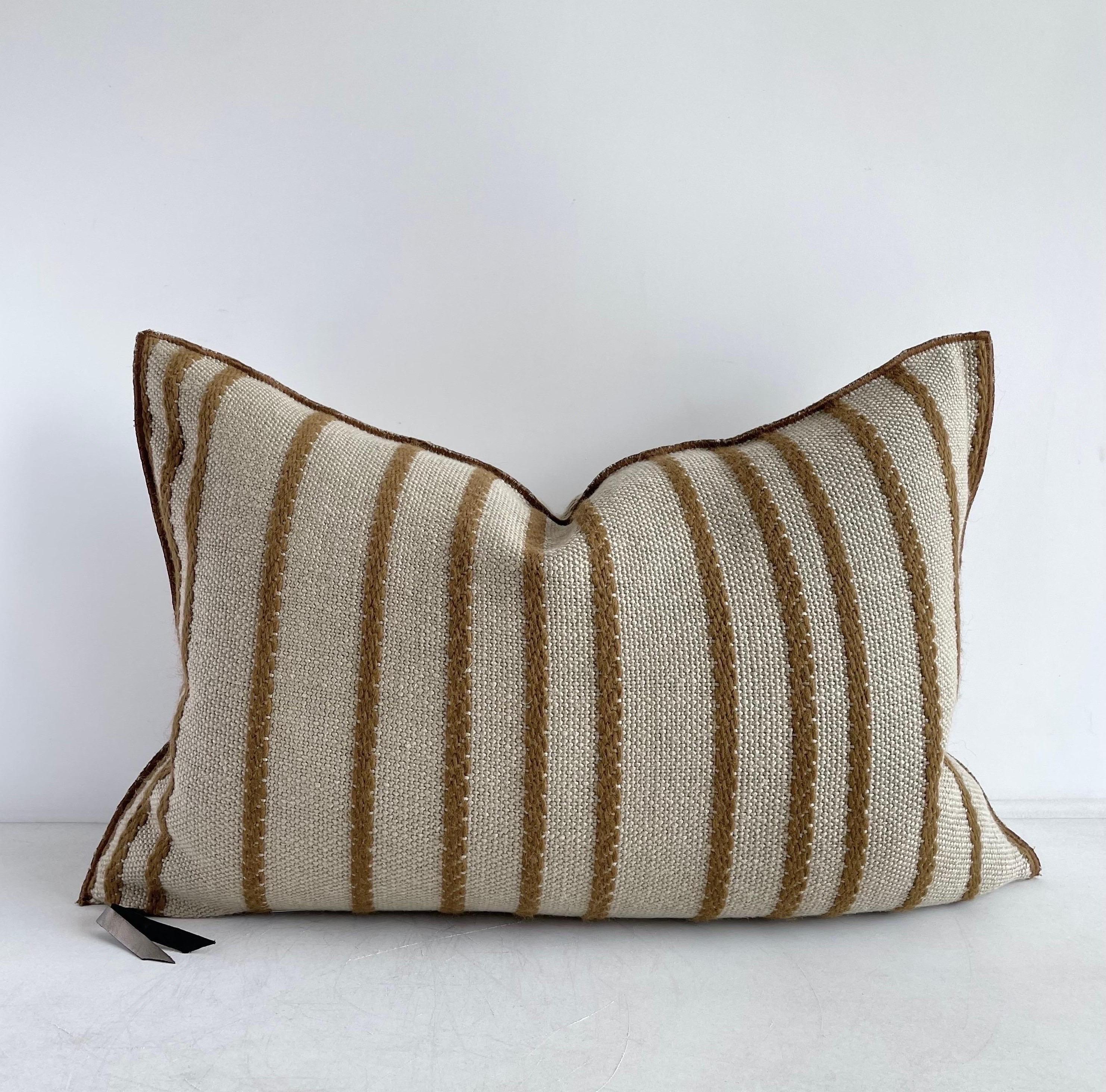 Custom made to order linen pillows from France
Beautiful natural flax heavy weight linen backing with a deep dark mustard gold embroidered stripe pattern, and custom binded edging.
Brass zipper closure, overlocked edges, and down feather insert
