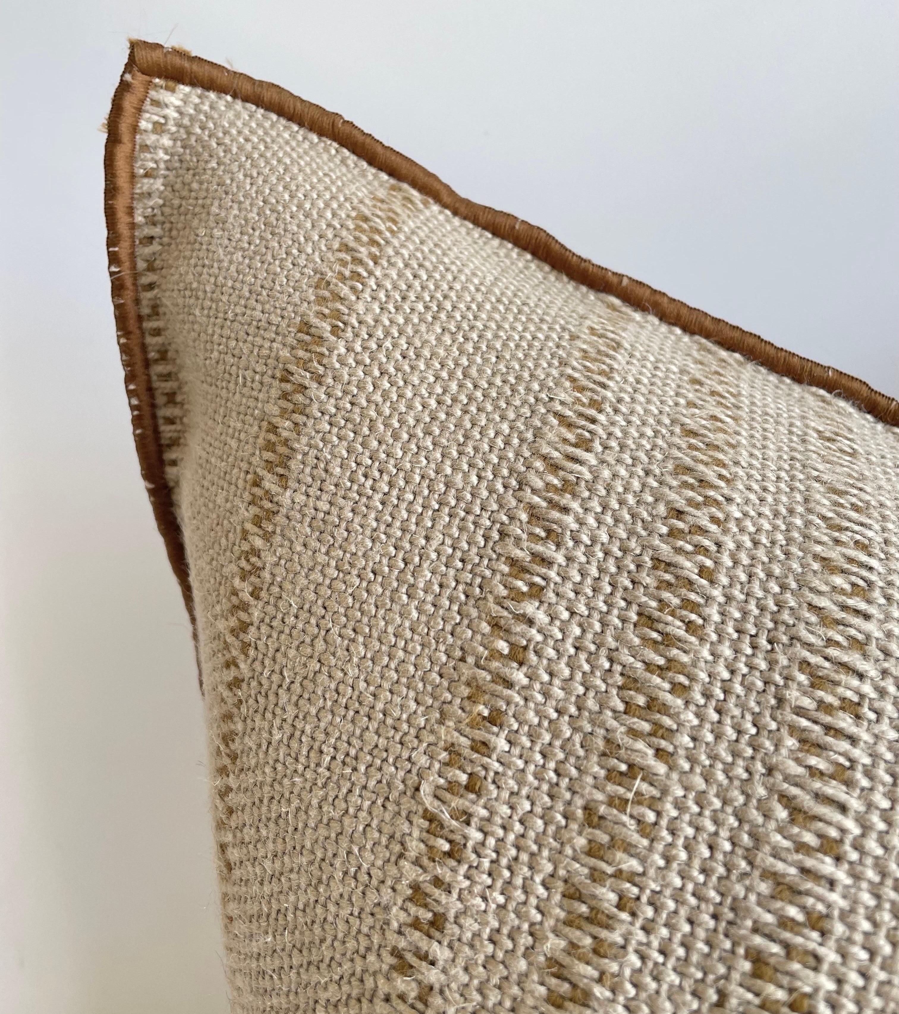 Custom made to order linen pillows from France
Beautiful natural flax heavy weight linen backing with a deep dark mustard gold embroidered stripe pattern, and custom binded edging.
Brass zipper closure, overlocked edges. Down feather insert not