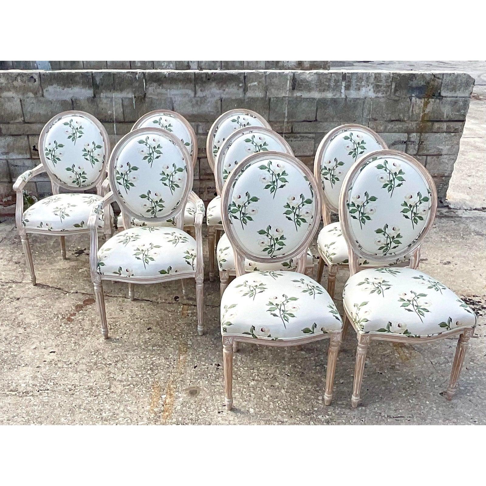 Custom French Medallion Dining Chairs in Jane Shelton Rose Green Fabric Set of 8 4