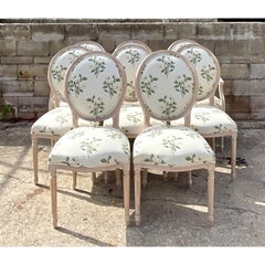 Custom French Medallion Dining Chairs in Jane Shelton Rose Green Fabric Set of 8