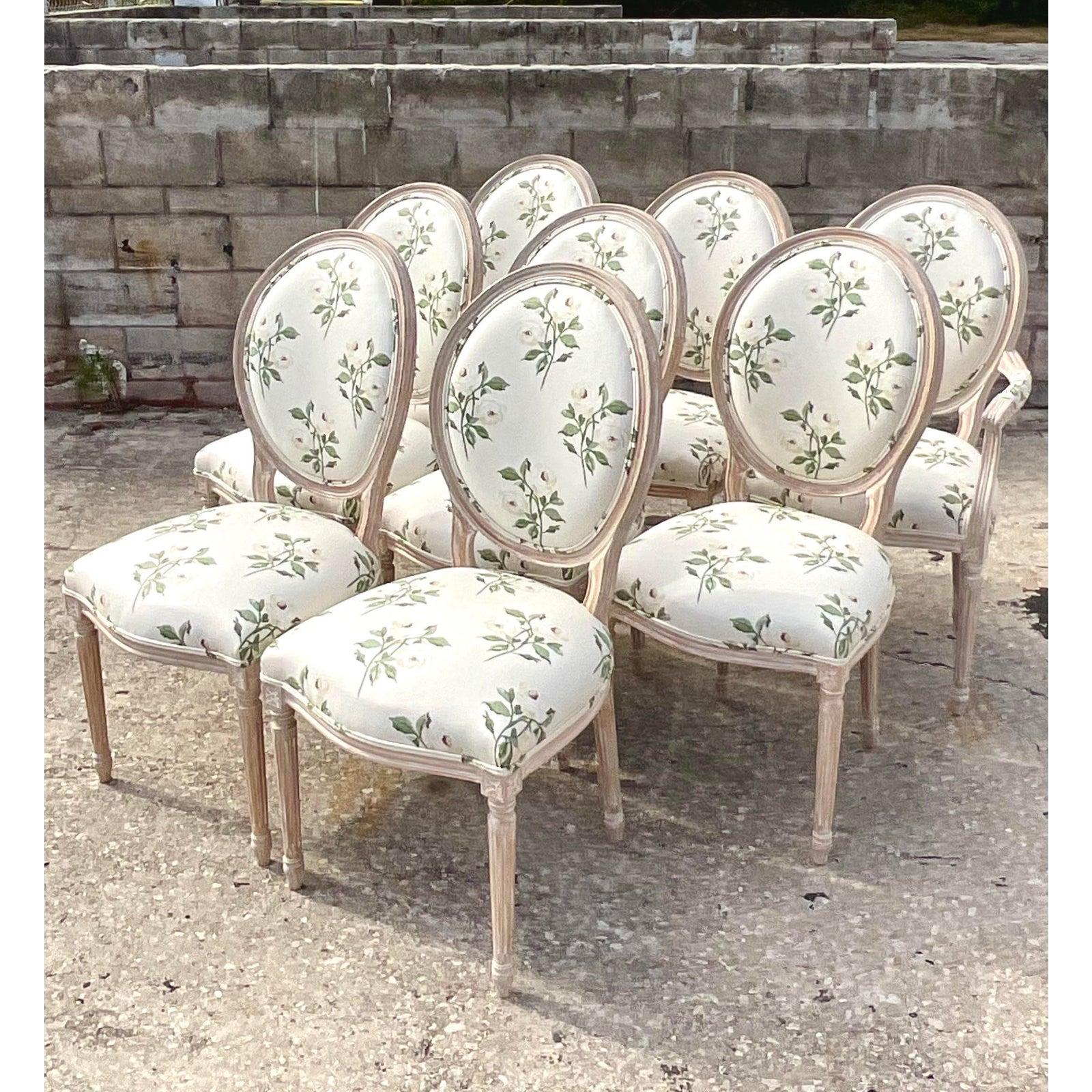North American Custom French Medallion Dining Chairs in Jane Shelton Rose Green Fabric Set of 8