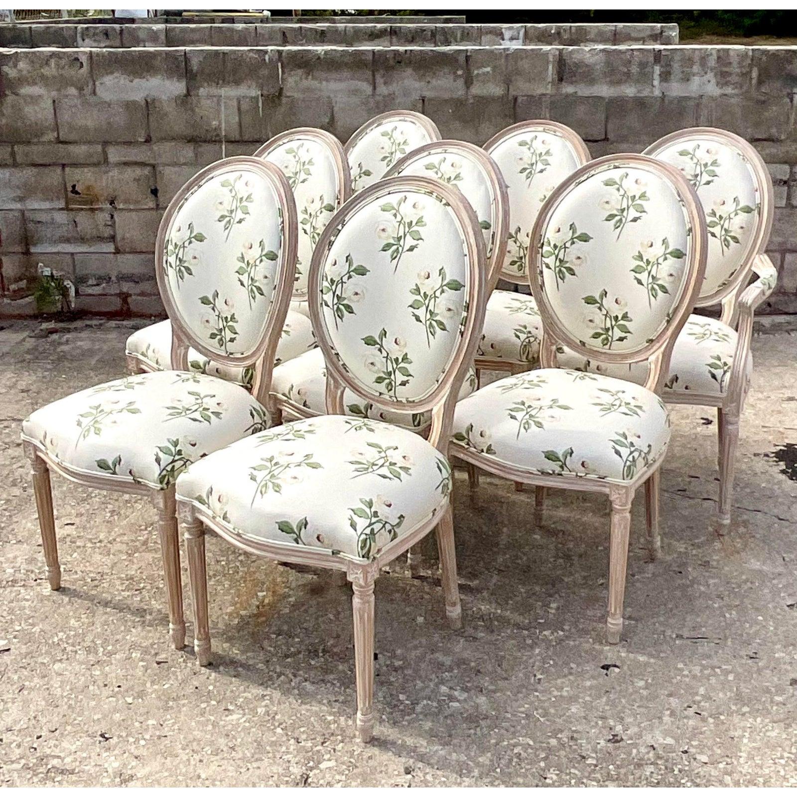Custom French Medallion Dining Chairs in Jane Shelton Rose Green Fabric Set of 8 In Good Condition In west palm beach, FL