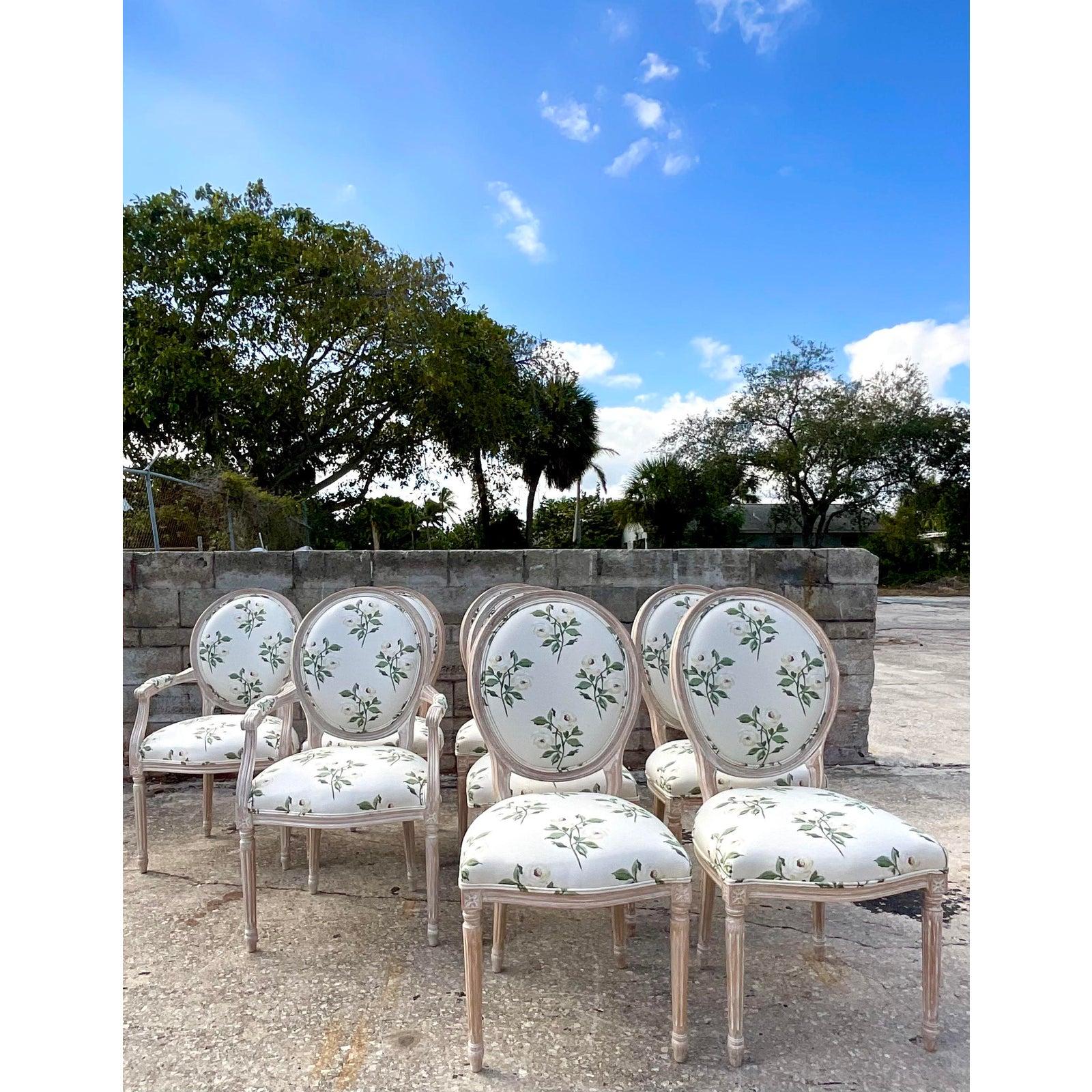 20th Century Custom French Medallion Dining Chairs in Jane Shelton Rose Green Fabric Set of 8