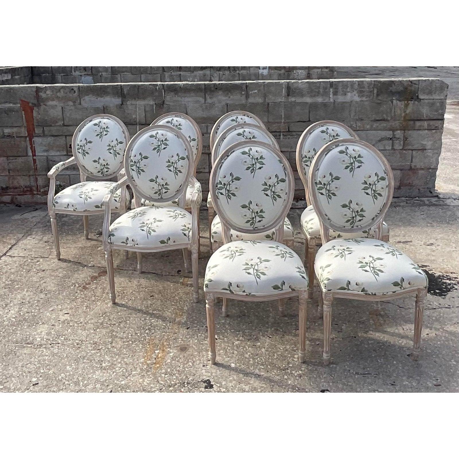 Custom French Medallion Dining Chairs in Jane Shelton Rose Green Fabric Set of 8 1