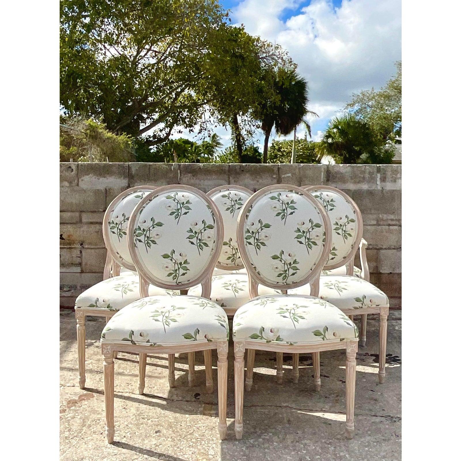 Custom French Medallion Dining Chairs in Jane Shelton Rose Green Fabric Set of 8 2