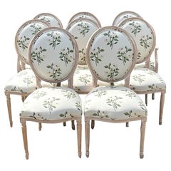 Retro Custom French Medallion Dining Chairs in Jane Shelton Rose Green Fabric Set of 8