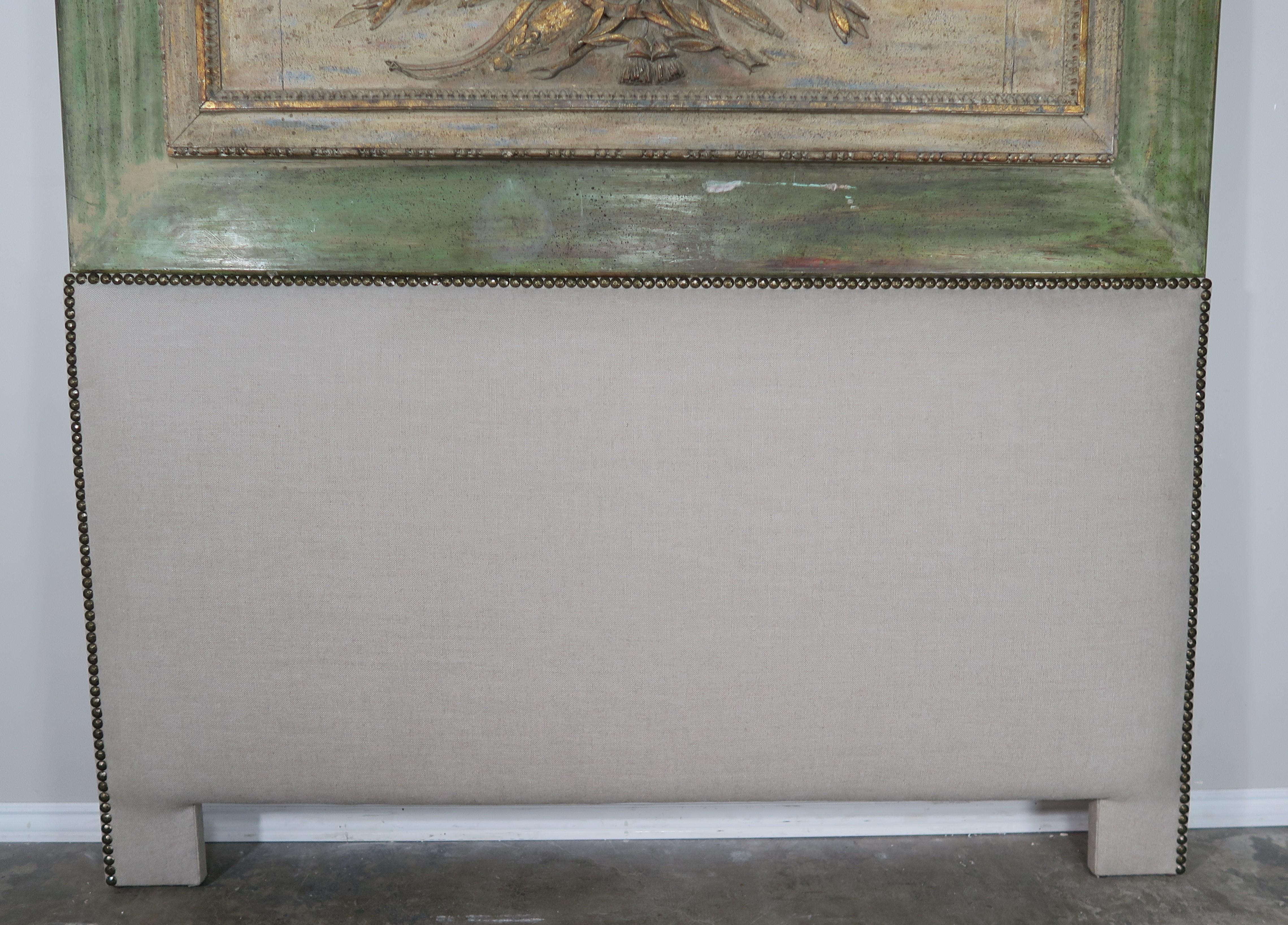 Custom French Painted and Parcel Gilt Headboard, Queen Size In Distressed Condition In Los Angeles, CA