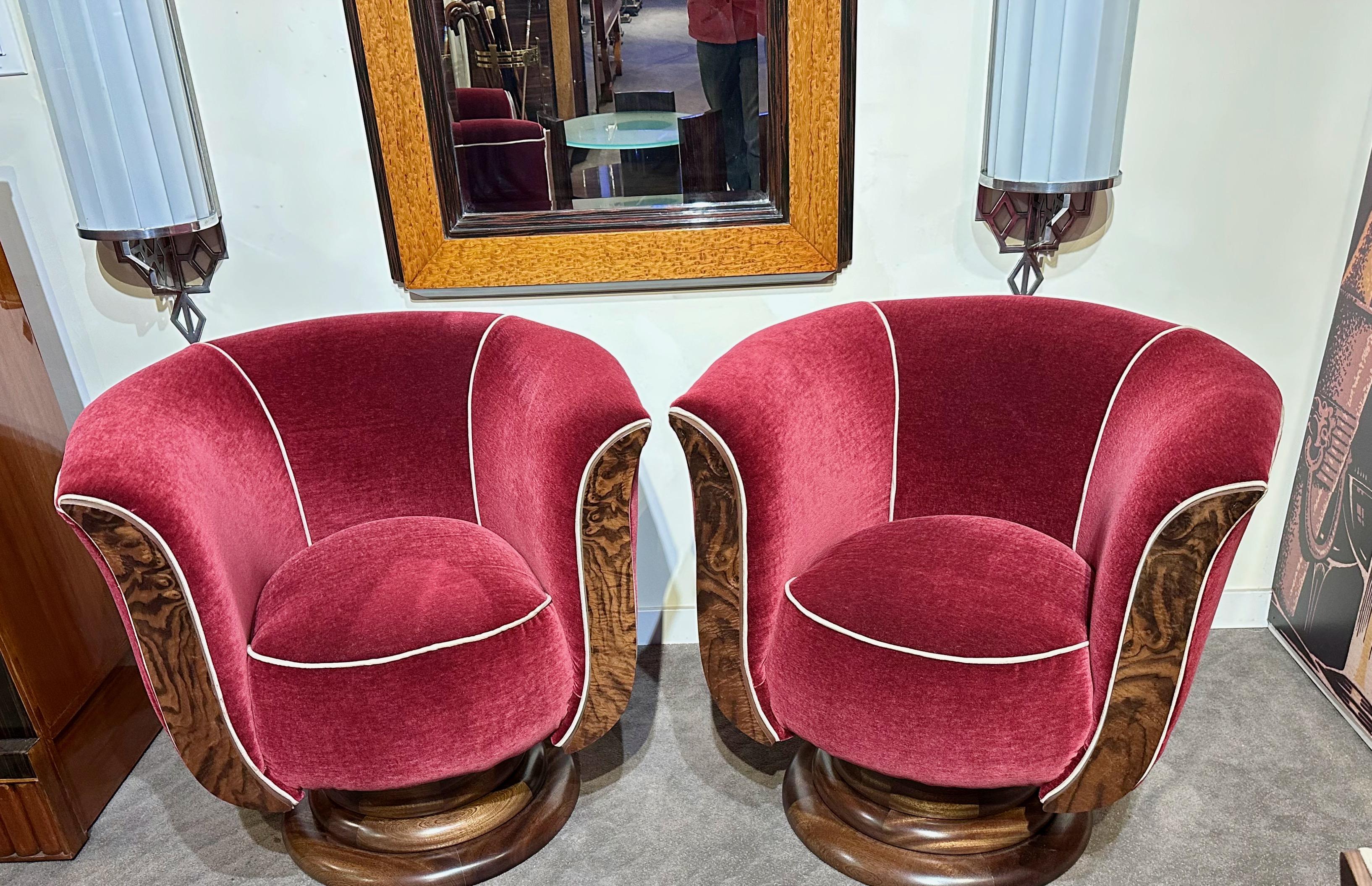 Custom French Style Art Deco Swivel Chairs Mohair In New Condition In Oakland, CA