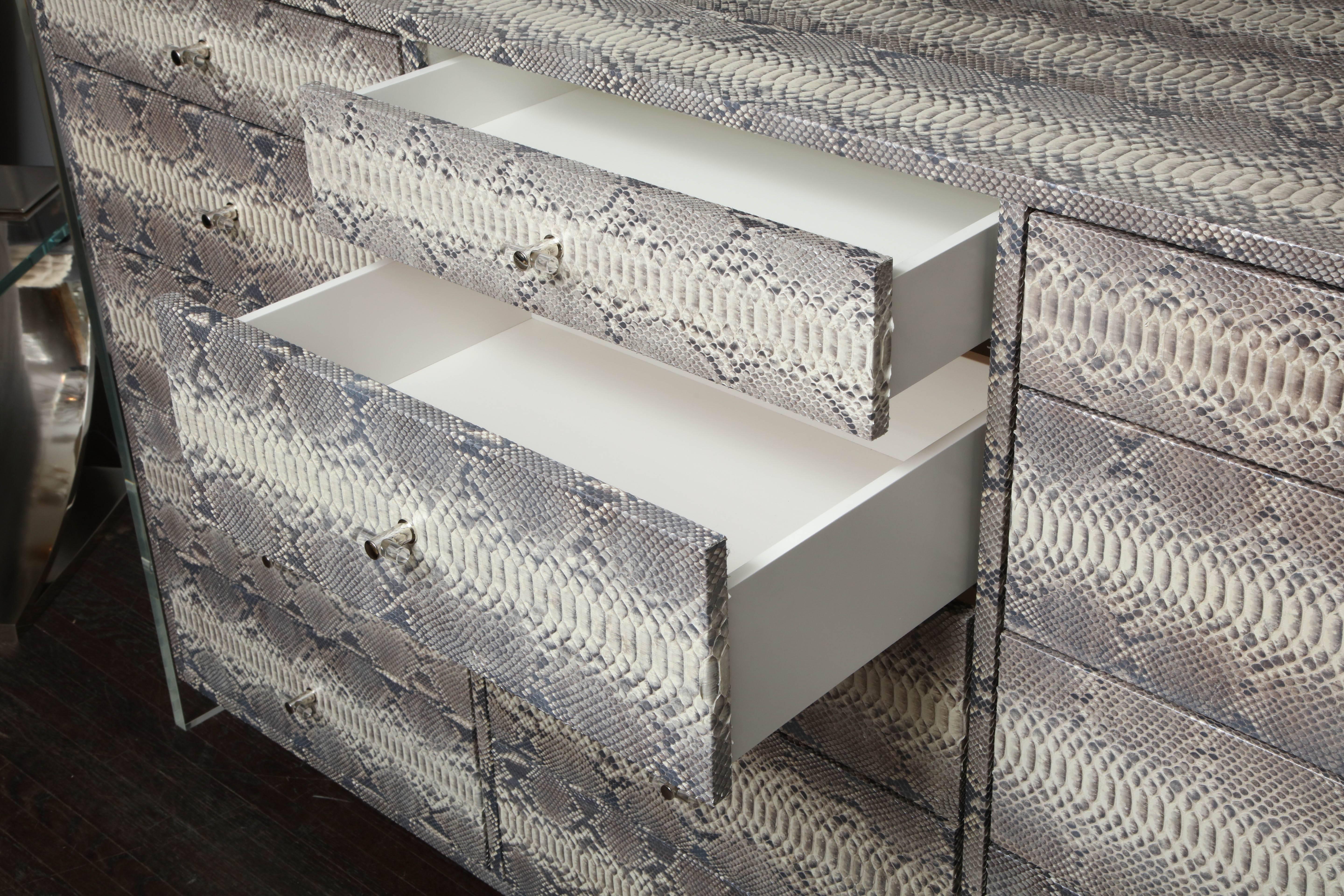 American 15-Drawer Python Dresser with Lucite Side Panels For Sale