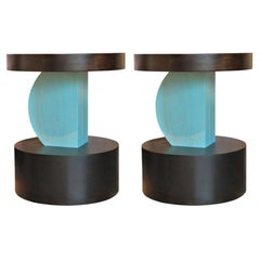 Custom Geometric Post-Modern Handmade Walnut Color Blue and Black Side Tables